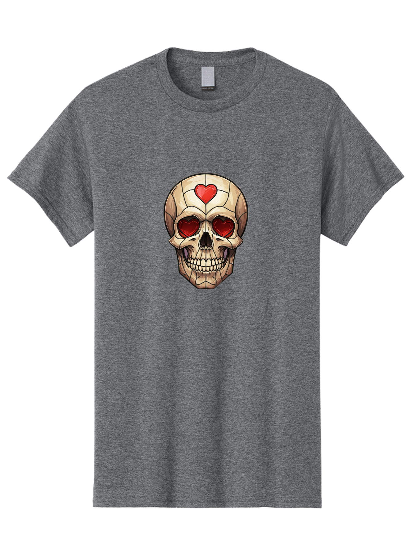 Skull-With-Heart-Eyes Men'S Graphic Tee, 100% Cotton, Comfortable Casual Summer Wear, Machine Washable, Cartoon Skull, Red Heart Eyes, Love Symbol, Grunge Art, Edgy Design, Tattoo Inspiration, Gothic Style, Heart-Shaped Eyes, Skull Art, Bad609