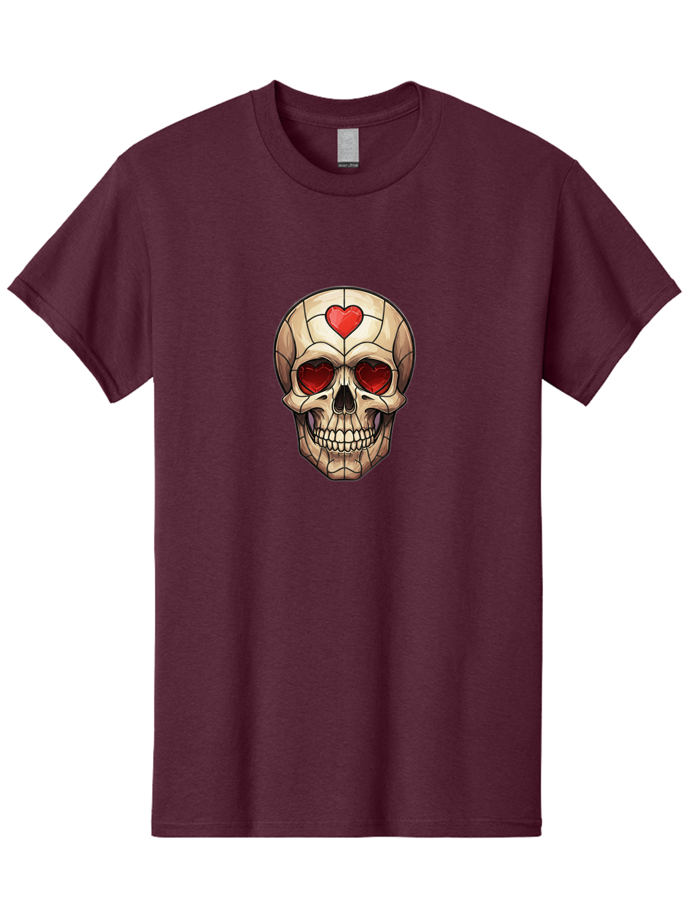 Skull-With-Heart-Eyes Men'S Graphic Tee, 100% Cotton, Comfortable Casual Summer Wear, Machine Washable, Cartoon Skull, Red Heart Eyes, Love Symbol, Grunge Art, Edgy Design, Tattoo Inspiration, Gothic Style, Heart-Shaped Eyes, Skull Art, Bad609