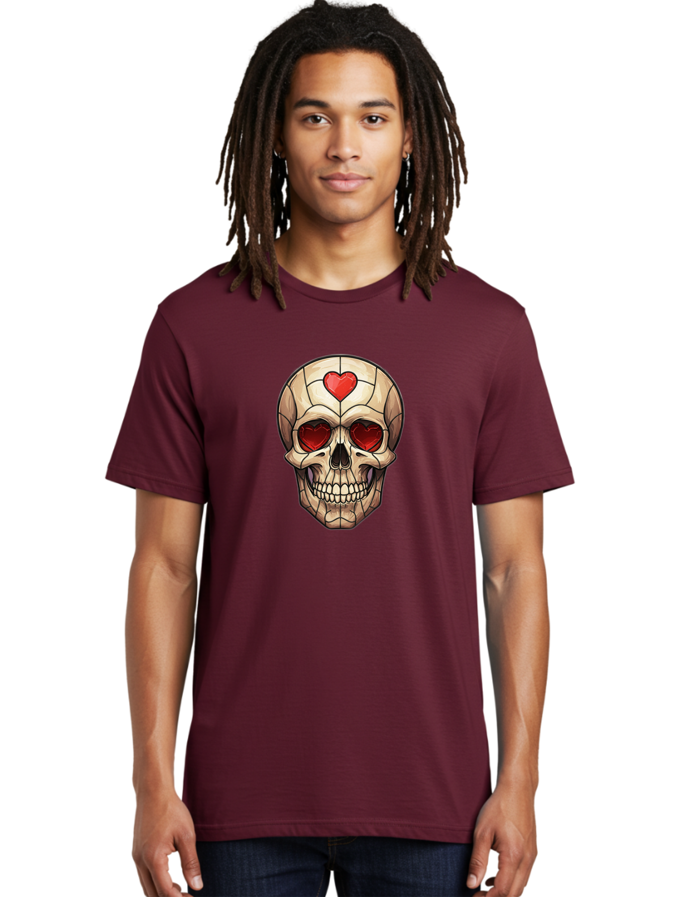 Skull-With-Heart-Eyes Men'S Graphic Tee, 100% Cotton, Comfortable Casual Summer Wear, Machine Washable, Cartoon Skull, Red Heart Eyes, Love Symbol, Grunge Art, Edgy Design, Tattoo Inspiration, Gothic Style, Heart-Shaped Eyes, Skull Art, Bad609