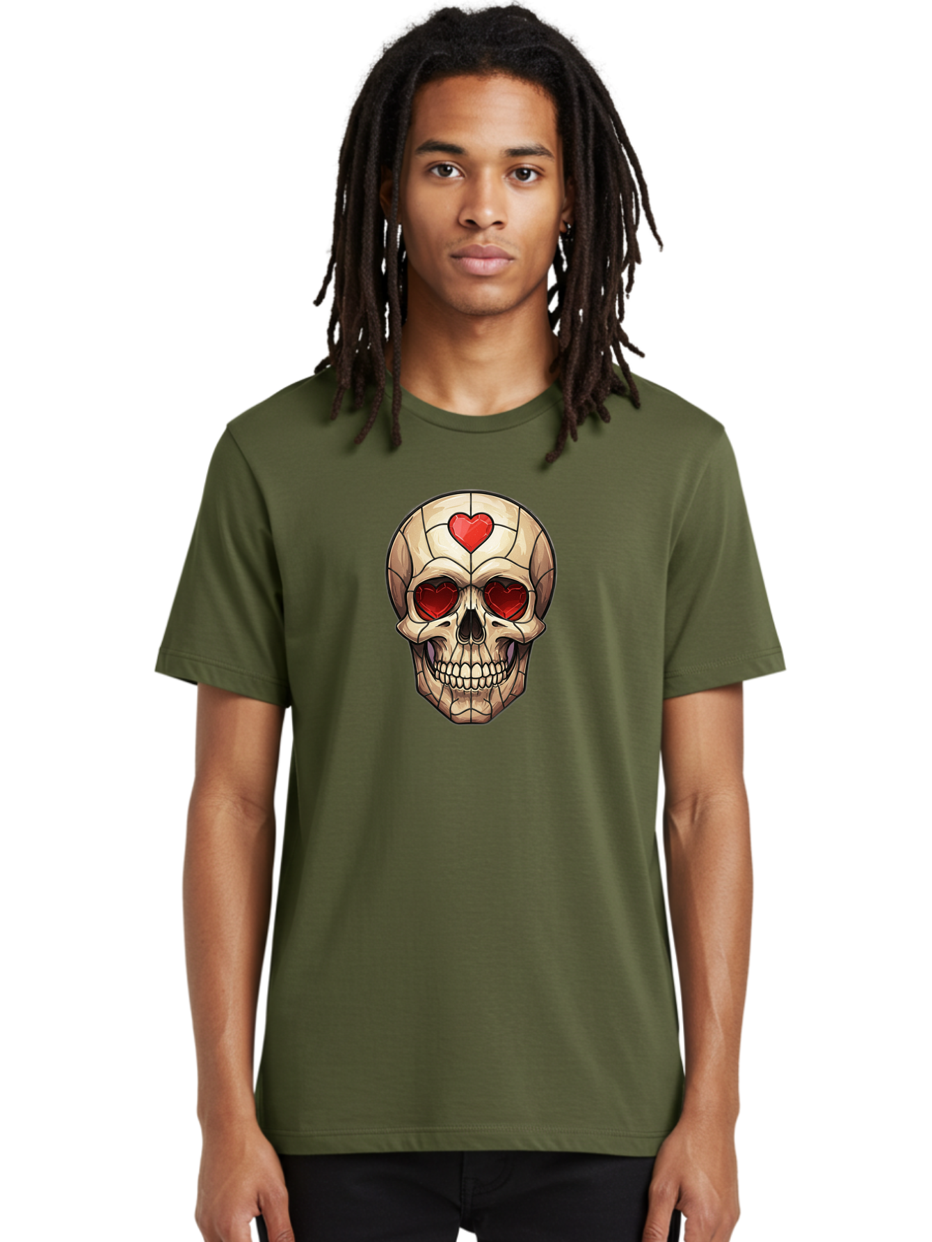 Skull-With-Heart-Eyes Men'S Graphic Tee, 100% Cotton, Comfortable Casual Summer Wear, Machine Washable, Cartoon Skull, Red Heart Eyes, Love Symbol, Grunge Art, Edgy Design, Tattoo Inspiration, Gothic Style, Heart-Shaped Eyes, Skull Art, Bad609