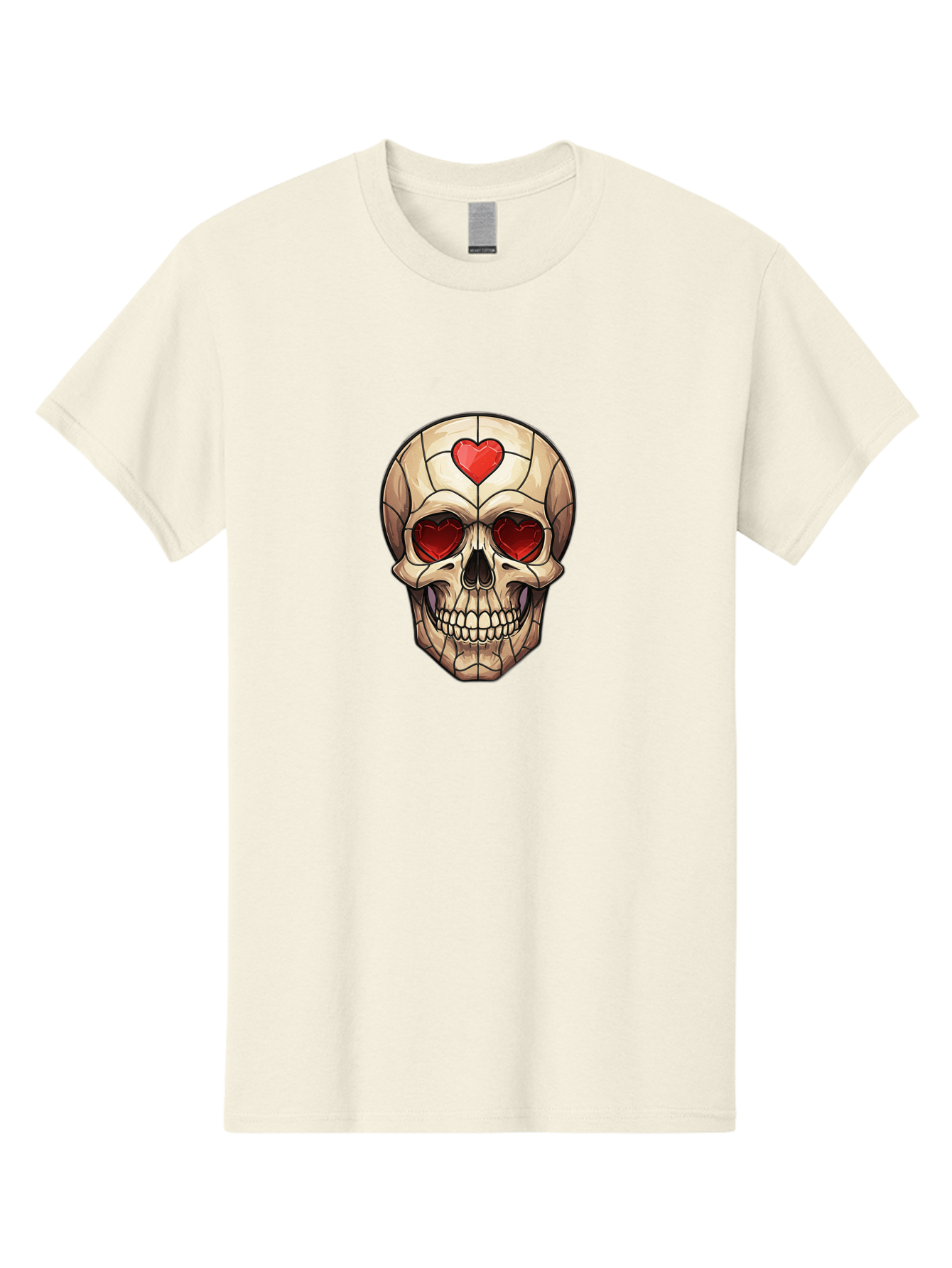 Skull-With-Heart-Eyes Men'S Graphic Tee, 100% Cotton, Comfortable Casual Summer Wear, Machine Washable, Cartoon Skull, Red Heart Eyes, Love Symbol, Grunge Art, Edgy Design, Tattoo Inspiration, Gothic Style, Heart-Shaped Eyes, Skull Art, Bad609