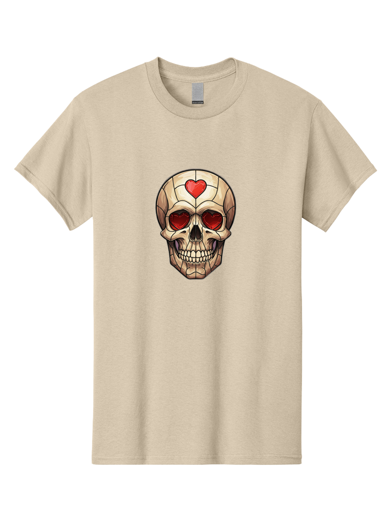 Skull-With-Heart-Eyes Men'S Graphic Tee, 100% Cotton, Comfortable Casual Summer Wear, Machine Washable, Cartoon Skull, Red Heart Eyes, Love Symbol, Grunge Art, Edgy Design, Tattoo Inspiration, Gothic Style, Heart-Shaped Eyes, Skull Art, Bad609