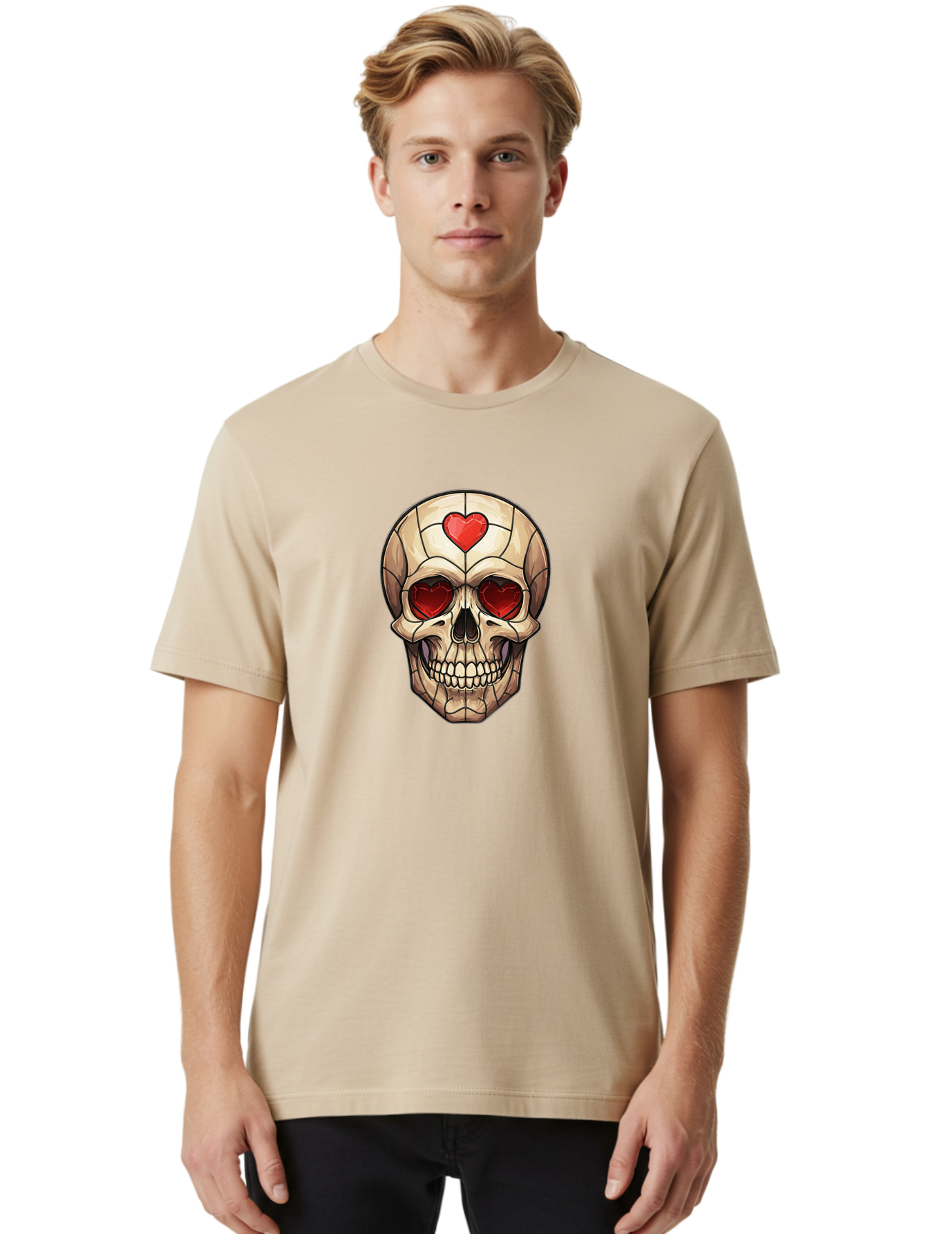 Skull-With-Heart-Eyes Men'S Graphic Tee, 100% Cotton, Comfortable Casual Summer Wear, Machine Washable, Cartoon Skull, Red Heart Eyes, Love Symbol, Grunge Art, Edgy Design, Tattoo Inspiration, Gothic Style, Heart-Shaped Eyes, Skull Art, Bad609