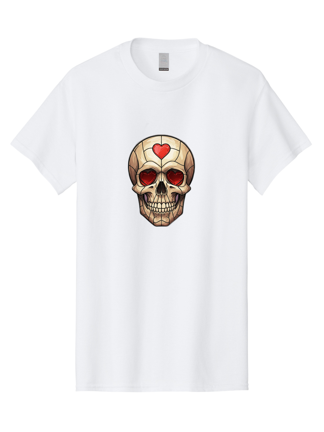 Skull-With-Heart-Eyes Men'S Graphic Tee, 100% Cotton, Comfortable Casual Summer Wear, Machine Washable, Cartoon Skull, Red Heart Eyes, Love Symbol, Grunge Art, Edgy Design, Tattoo Inspiration, Gothic Style, Heart-Shaped Eyes, Skull Art, Bad609