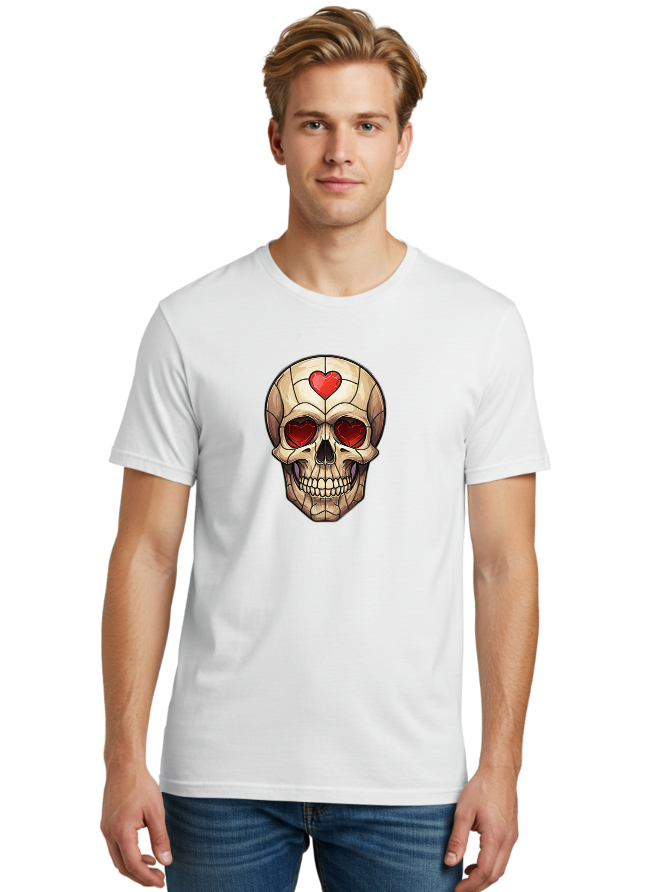 Skull-With-Heart-Eyes Men'S Graphic Tee, 100% Cotton, Comfortable Casual Summer Wear, Machine Washable, Cartoon Skull, Red Heart Eyes, Love Symbol, Grunge Art, Edgy Design, Tattoo Inspiration, Gothic Style, Heart-Shaped Eyes, Skull Art, Bad609