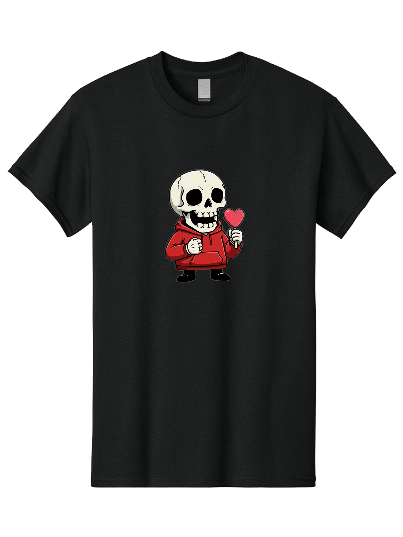 Skull-With-Heart-Lollipop Men'S Graphic Tee, 100% Cotton, Comfortable Casual Summer Wear, Machine Washable, Cartoon Skull, Red Hoodie, Heart-Shaped Lollipop, Sweet Treats, Quirky Character, Friendly Skeleton, Candy On Stick, Cartoon Art, Bad610