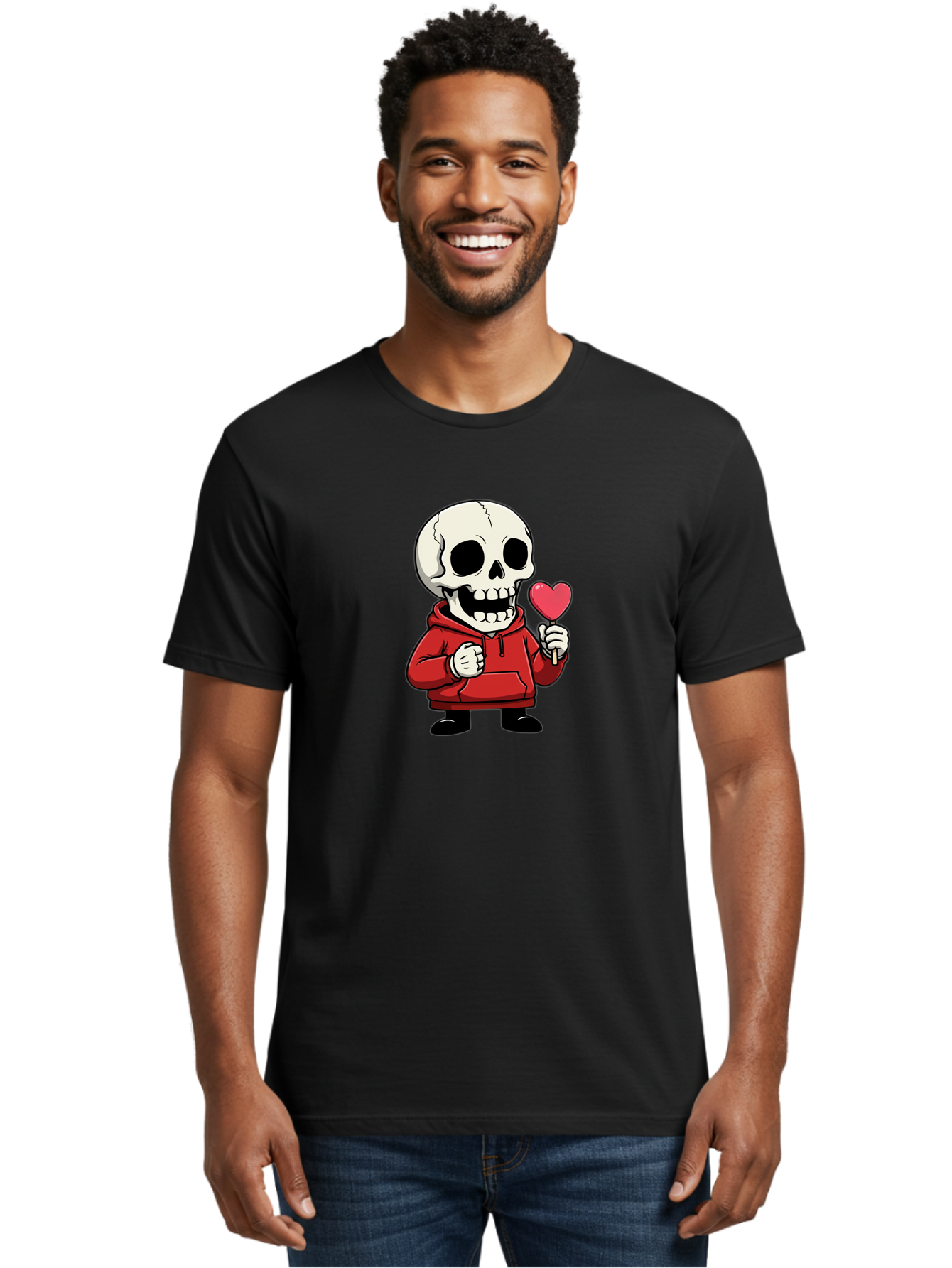 Skull-With-Heart-Lollipop Men'S Graphic Tee, 100% Cotton, Comfortable Casual Summer Wear, Machine Washable, Cartoon Skull, Red Hoodie, Heart-Shaped Lollipop, Sweet Treats, Quirky Character, Friendly Skeleton, Candy On Stick, Cartoon Art, Bad610