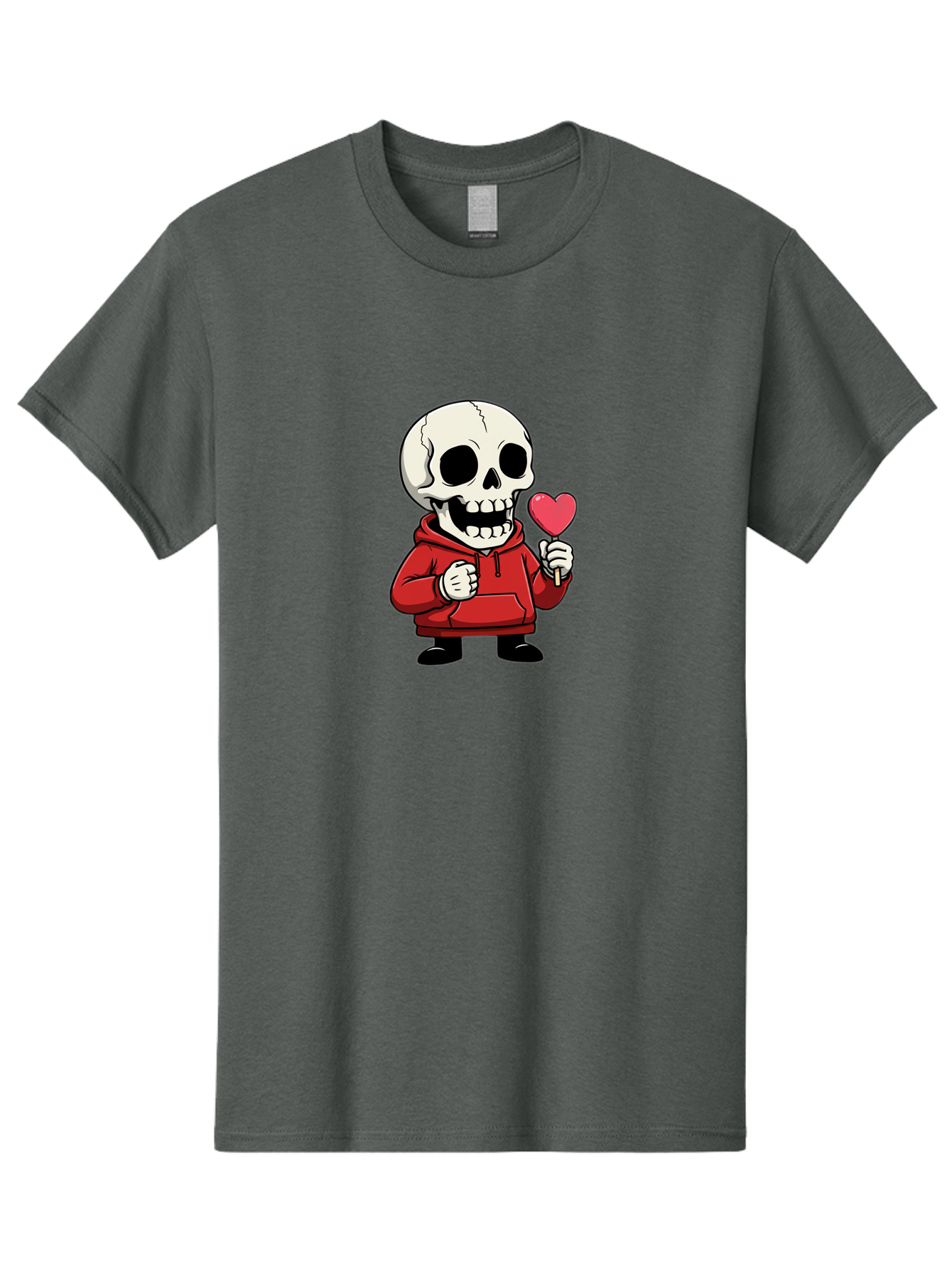 Skull-With-Heart-Lollipop Men'S Graphic Tee, 100% Cotton, Comfortable Casual Summer Wear, Machine Washable, Cartoon Skull, Red Hoodie, Heart-Shaped Lollipop, Sweet Treats, Quirky Character, Friendly Skeleton, Candy On Stick, Cartoon Art, Bad610