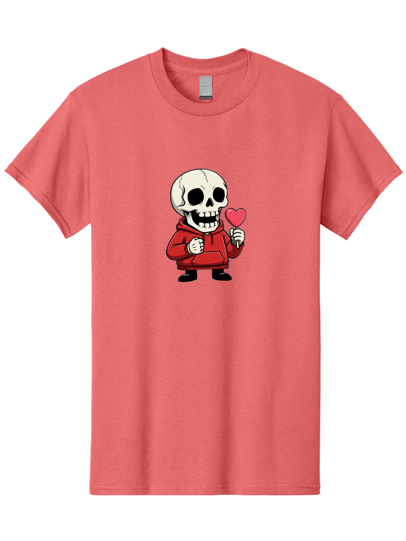Skull-With-Heart-Lollipop Men'S Graphic Tee, 100% Cotton, Comfortable Casual Summer Wear, Machine Washable, Cartoon Skull, Red Hoodie, Heart-Shaped Lollipop, Sweet Treats, Quirky Character, Friendly Skeleton, Candy On Stick, Cartoon Art, Bad610
