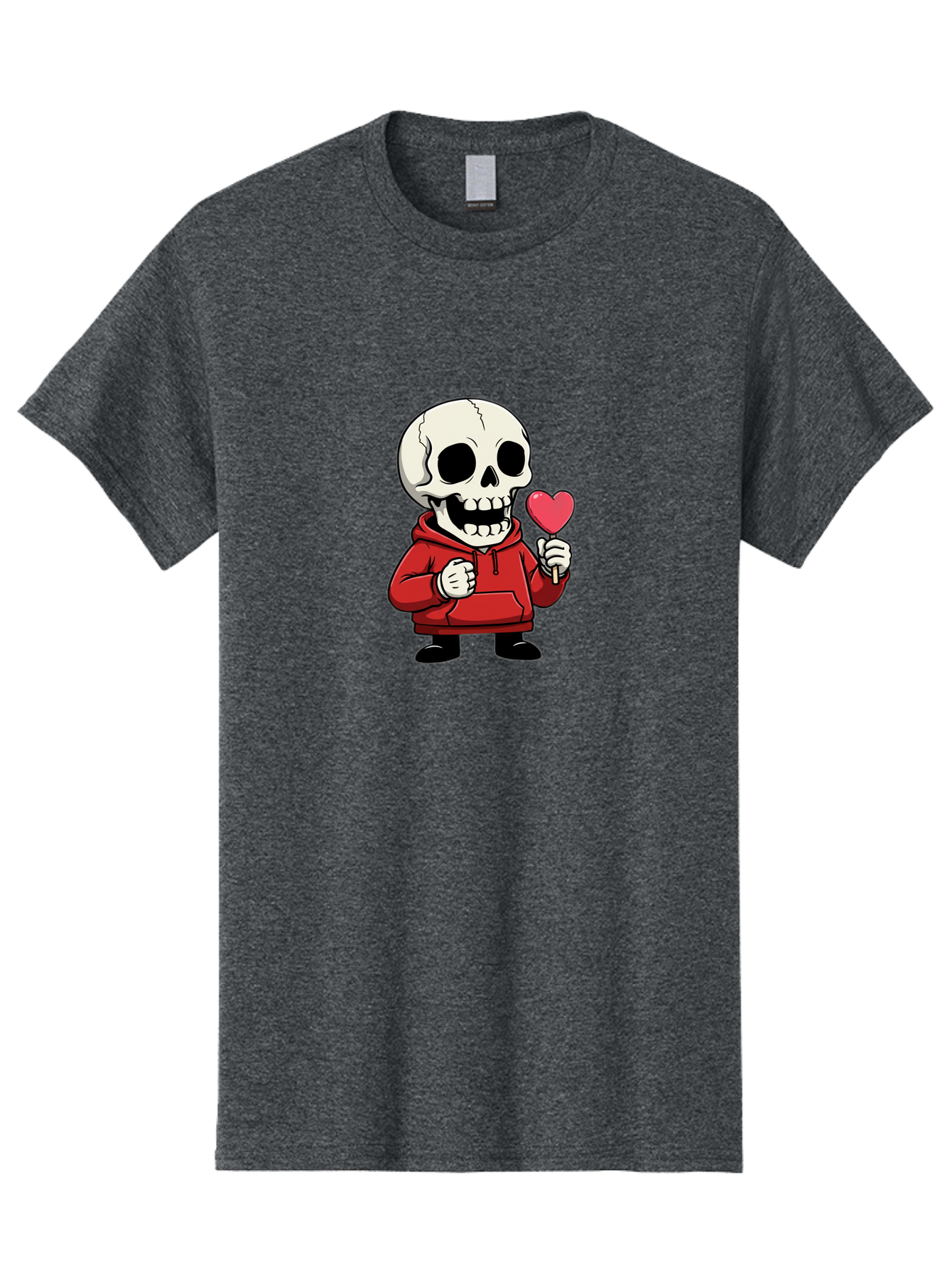 Skull-With-Heart-Lollipop Men'S Graphic Tee, 100% Cotton, Comfortable Casual Summer Wear, Machine Washable, Cartoon Skull, Red Hoodie, Heart-Shaped Lollipop, Sweet Treats, Quirky Character, Friendly Skeleton, Candy On Stick, Cartoon Art, Bad610