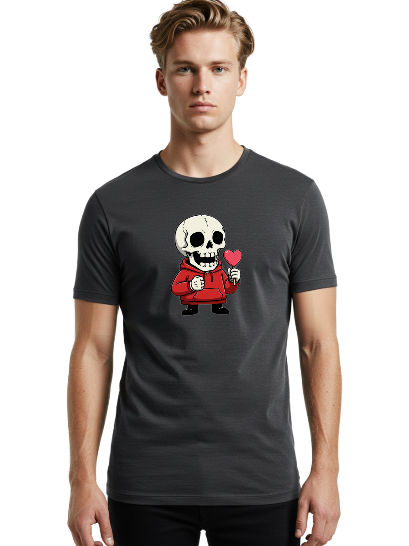 Skull-With-Heart-Lollipop Men'S Graphic Tee, 100% Cotton, Comfortable Casual Summer Wear, Machine Washable, Cartoon Skull, Red Hoodie, Heart-Shaped Lollipop, Sweet Treats, Quirky Character, Friendly Skeleton, Candy On Stick, Cartoon Art, Bad610