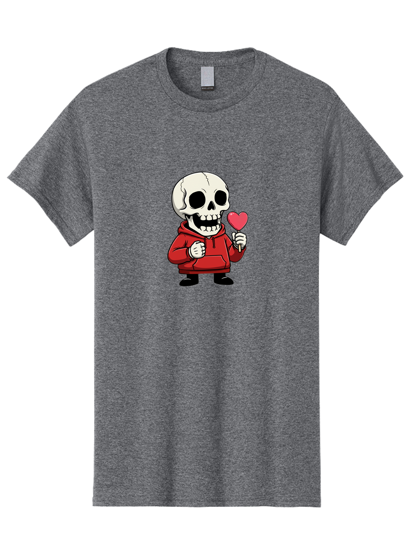 Skull-With-Heart-Lollipop Men'S Graphic Tee, 100% Cotton, Comfortable Casual Summer Wear, Machine Washable, Cartoon Skull, Red Hoodie, Heart-Shaped Lollipop, Sweet Treats, Quirky Character, Friendly Skeleton, Candy On Stick, Cartoon Art, Bad610