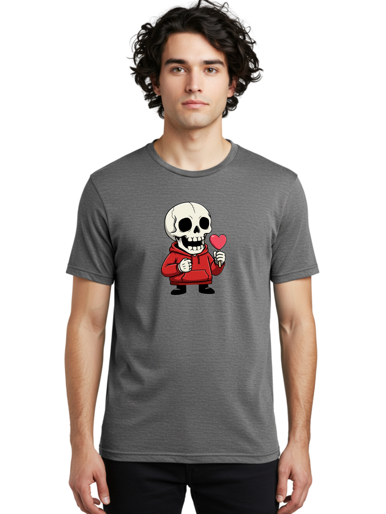 Skull-With-Heart-Lollipop Men'S Graphic Tee, 100% Cotton, Comfortable Casual Summer Wear, Machine Washable, Cartoon Skull, Red Hoodie, Heart-Shaped Lollipop, Sweet Treats, Quirky Character, Friendly Skeleton, Candy On Stick, Cartoon Art, Bad610