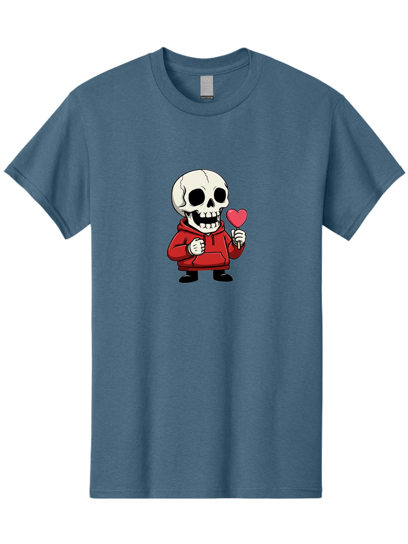 Skull-With-Heart-Lollipop Men'S Graphic Tee, 100% Cotton, Comfortable Casual Summer Wear, Machine Washable, Cartoon Skull, Red Hoodie, Heart-Shaped Lollipop, Sweet Treats, Quirky Character, Friendly Skeleton, Candy On Stick, Cartoon Art, Bad610