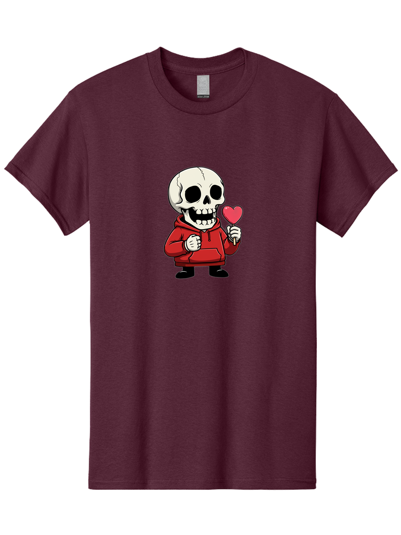 Skull-With-Heart-Lollipop Men'S Graphic Tee, 100% Cotton, Comfortable Casual Summer Wear, Machine Washable, Cartoon Skull, Red Hoodie, Heart-Shaped Lollipop, Sweet Treats, Quirky Character, Friendly Skeleton, Candy On Stick, Cartoon Art, Bad610