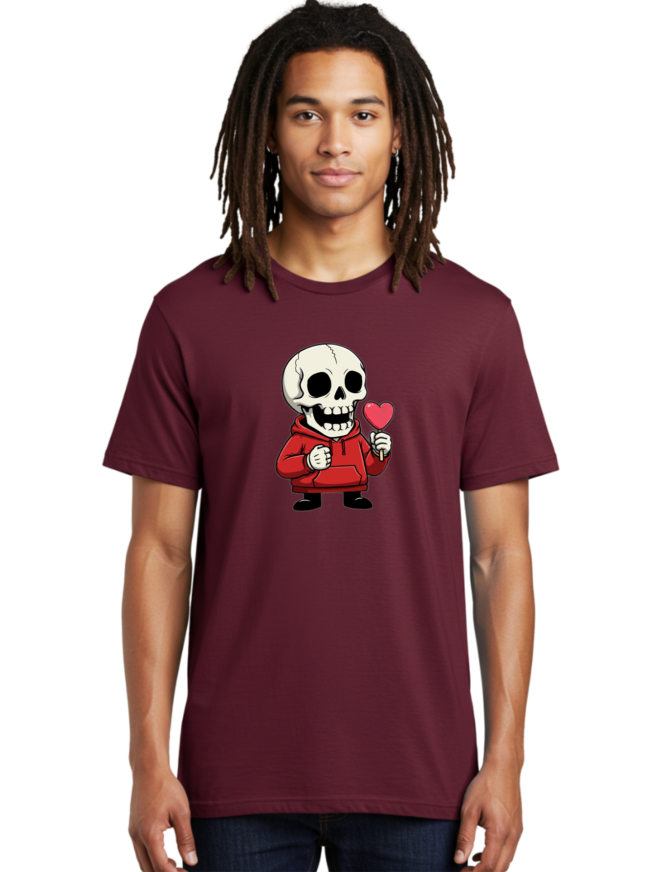 Skull-With-Heart-Lollipop Men'S Graphic Tee, 100% Cotton, Comfortable Casual Summer Wear, Machine Washable, Cartoon Skull, Red Hoodie, Heart-Shaped Lollipop, Sweet Treats, Quirky Character, Friendly Skeleton, Candy On Stick, Cartoon Art, Bad610