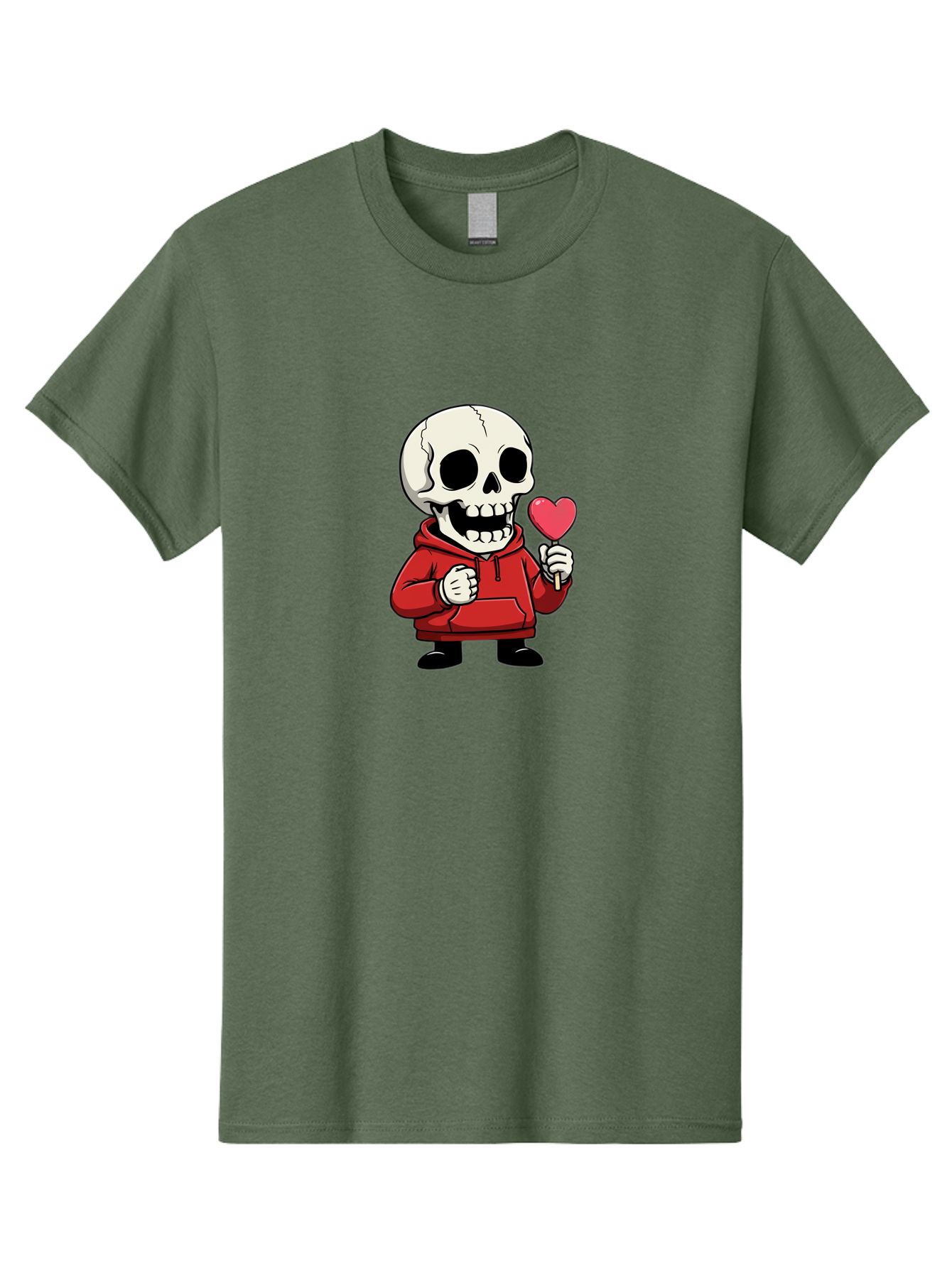 Skull-With-Heart-Lollipop Men'S Graphic Tee, 100% Cotton, Comfortable Casual Summer Wear, Machine Washable, Cartoon Skull, Red Hoodie, Heart-Shaped Lollipop, Sweet Treats, Quirky Character, Friendly Skeleton, Candy On Stick, Cartoon Art, Bad610