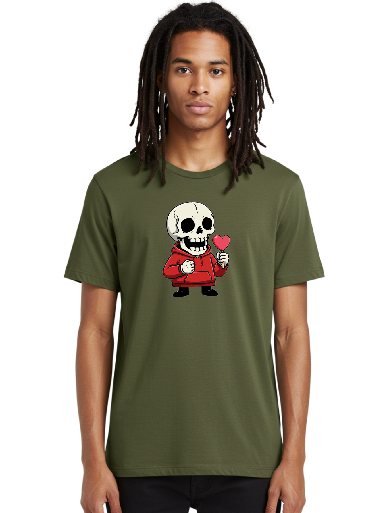 Skull-With-Heart-Lollipop Men'S Graphic Tee, 100% Cotton, Comfortable Casual Summer Wear, Machine Washable, Cartoon Skull, Red Hoodie, Heart-Shaped Lollipop, Sweet Treats, Quirky Character, Friendly Skeleton, Candy On Stick, Cartoon Art, Bad610