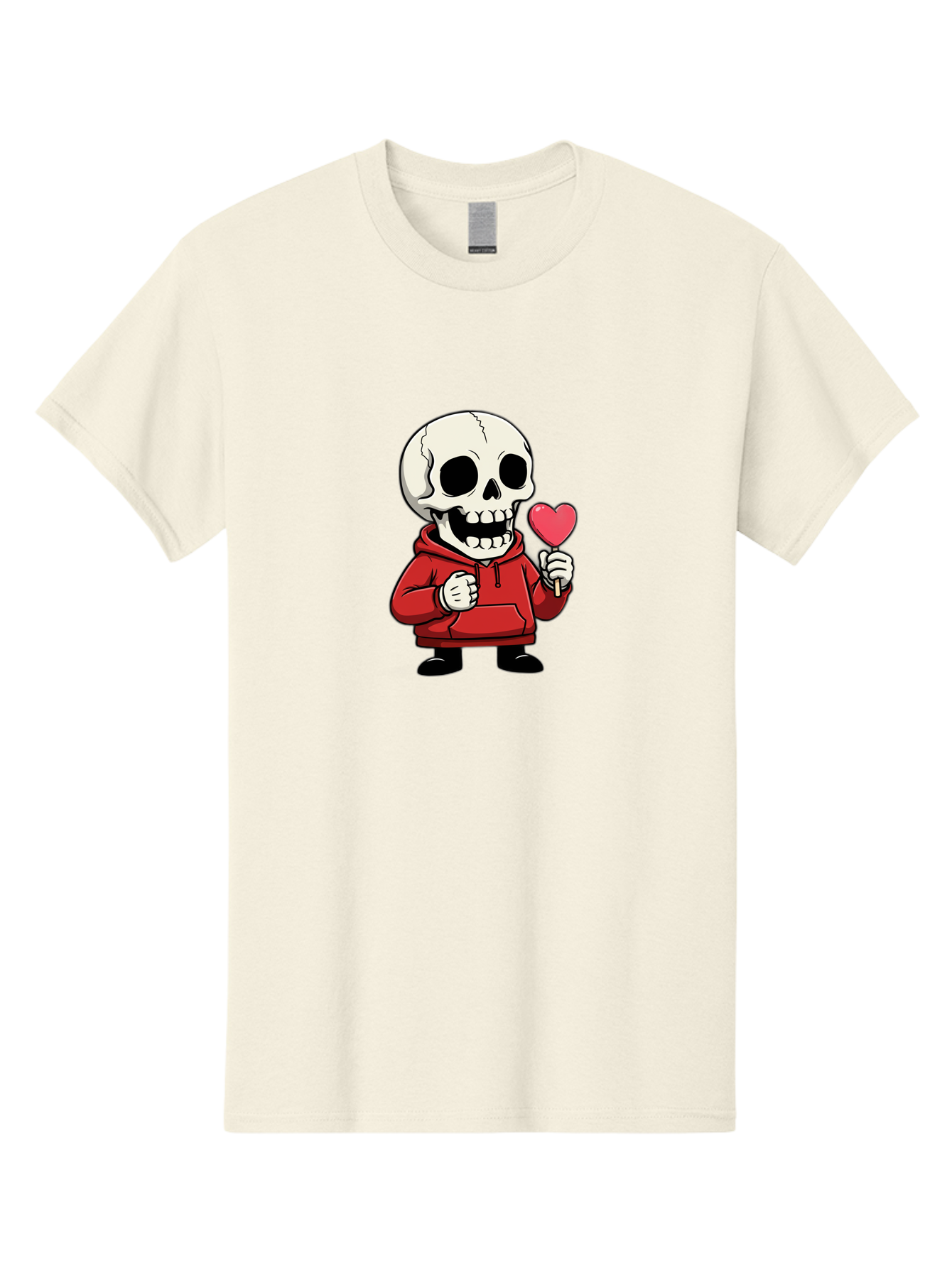 Skull-With-Heart-Lollipop Men'S Graphic Tee, 100% Cotton, Comfortable Casual Summer Wear, Machine Washable, Cartoon Skull, Red Hoodie, Heart-Shaped Lollipop, Sweet Treats, Quirky Character, Friendly Skeleton, Candy On Stick, Cartoon Art, Bad610
