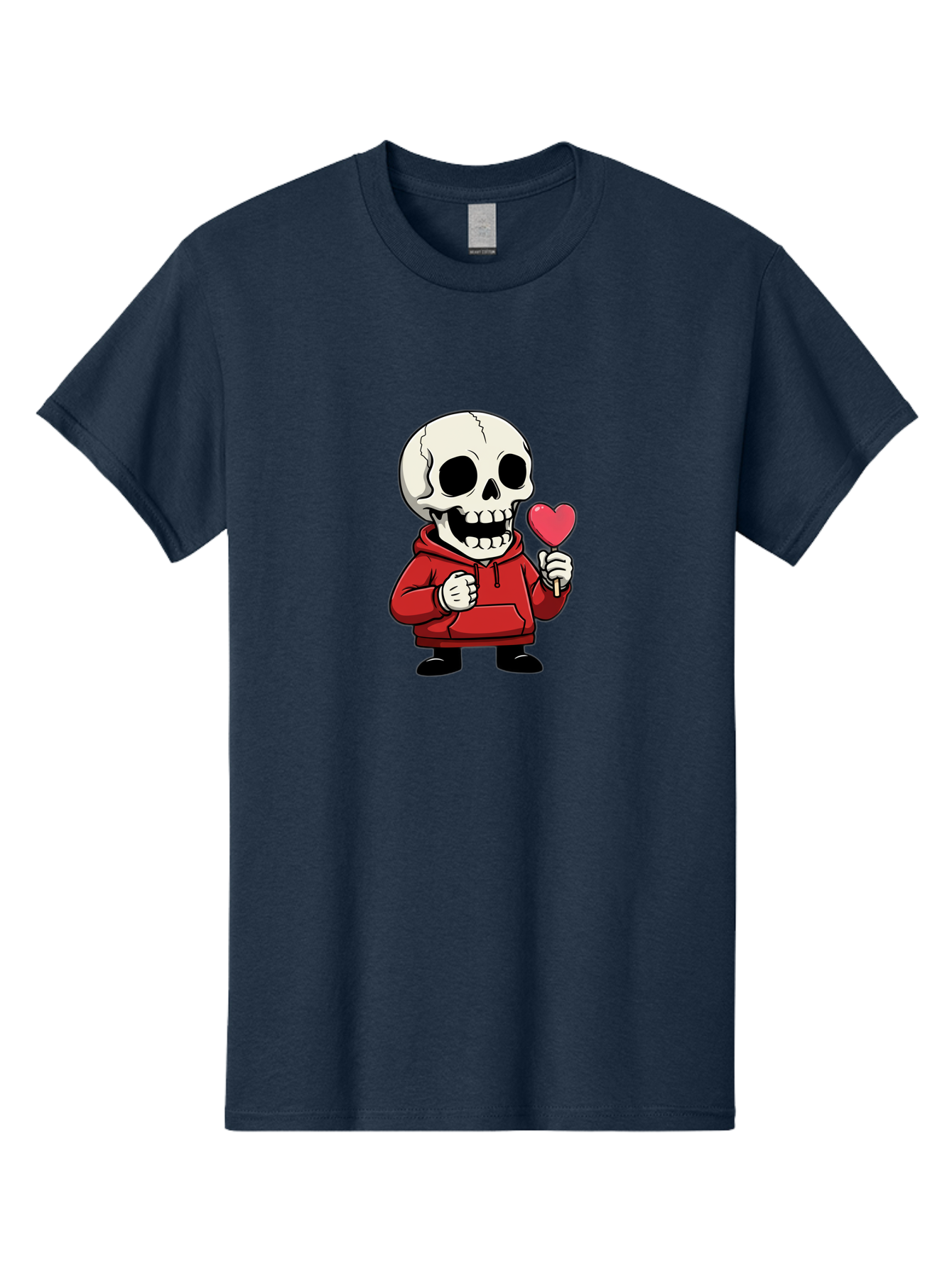 Skull-With-Heart-Lollipop Men'S Graphic Tee, 100% Cotton, Comfortable Casual Summer Wear, Machine Washable, Cartoon Skull, Red Hoodie, Heart-Shaped Lollipop, Sweet Treats, Quirky Character, Friendly Skeleton, Candy On Stick, Cartoon Art, Bad610