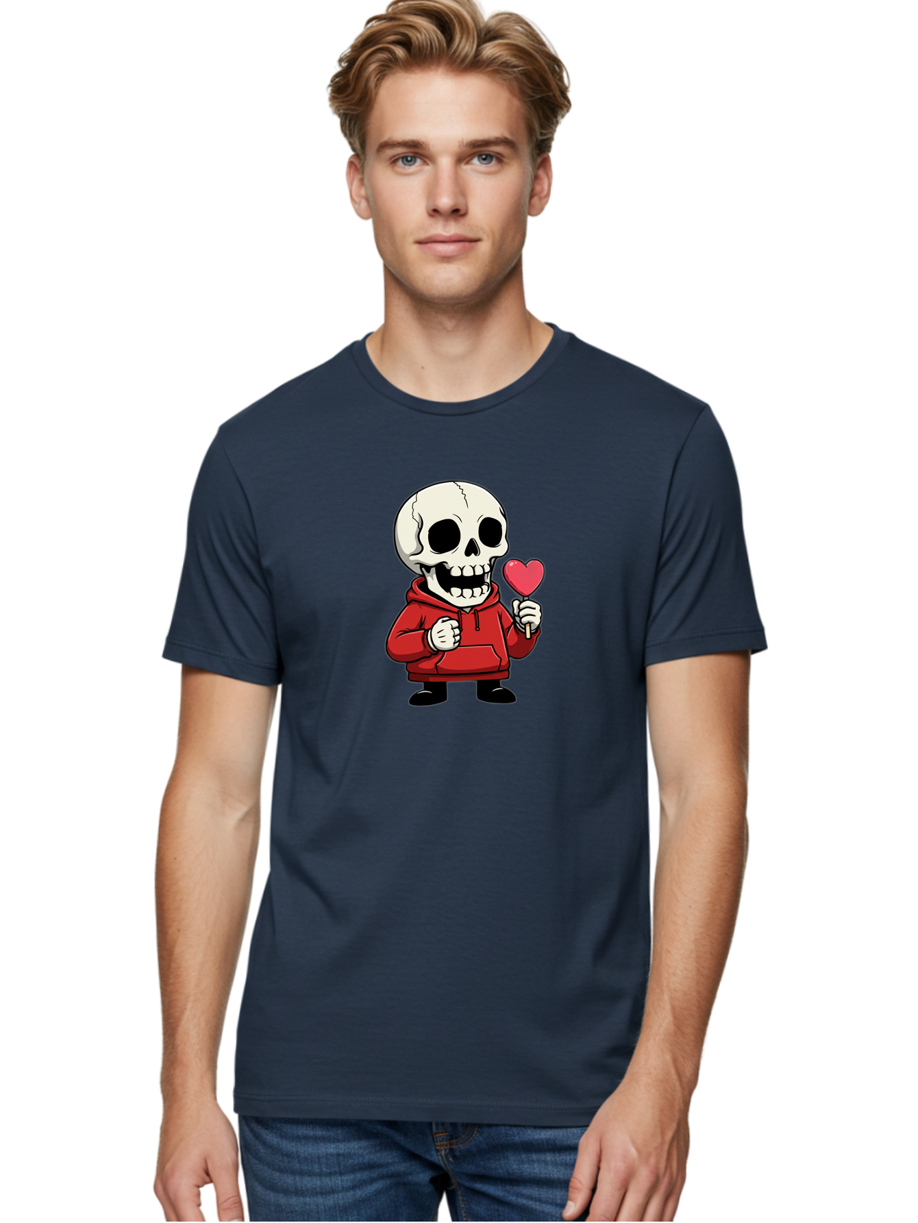 Skull-With-Heart-Lollipop Men'S Graphic Tee, 100% Cotton, Comfortable Casual Summer Wear, Machine Washable, Cartoon Skull, Red Hoodie, Heart-Shaped Lollipop, Sweet Treats, Quirky Character, Friendly Skeleton, Candy On Stick, Cartoon Art, Bad610