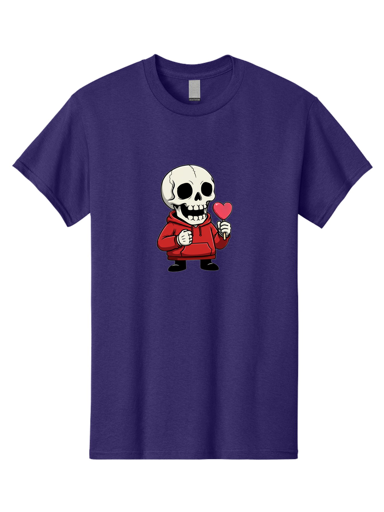 Skull-With-Heart-Lollipop Men'S Graphic Tee, 100% Cotton, Comfortable Casual Summer Wear, Machine Washable, Cartoon Skull, Red Hoodie, Heart-Shaped Lollipop, Sweet Treats, Quirky Character, Friendly Skeleton, Candy On Stick, Cartoon Art, Bad610