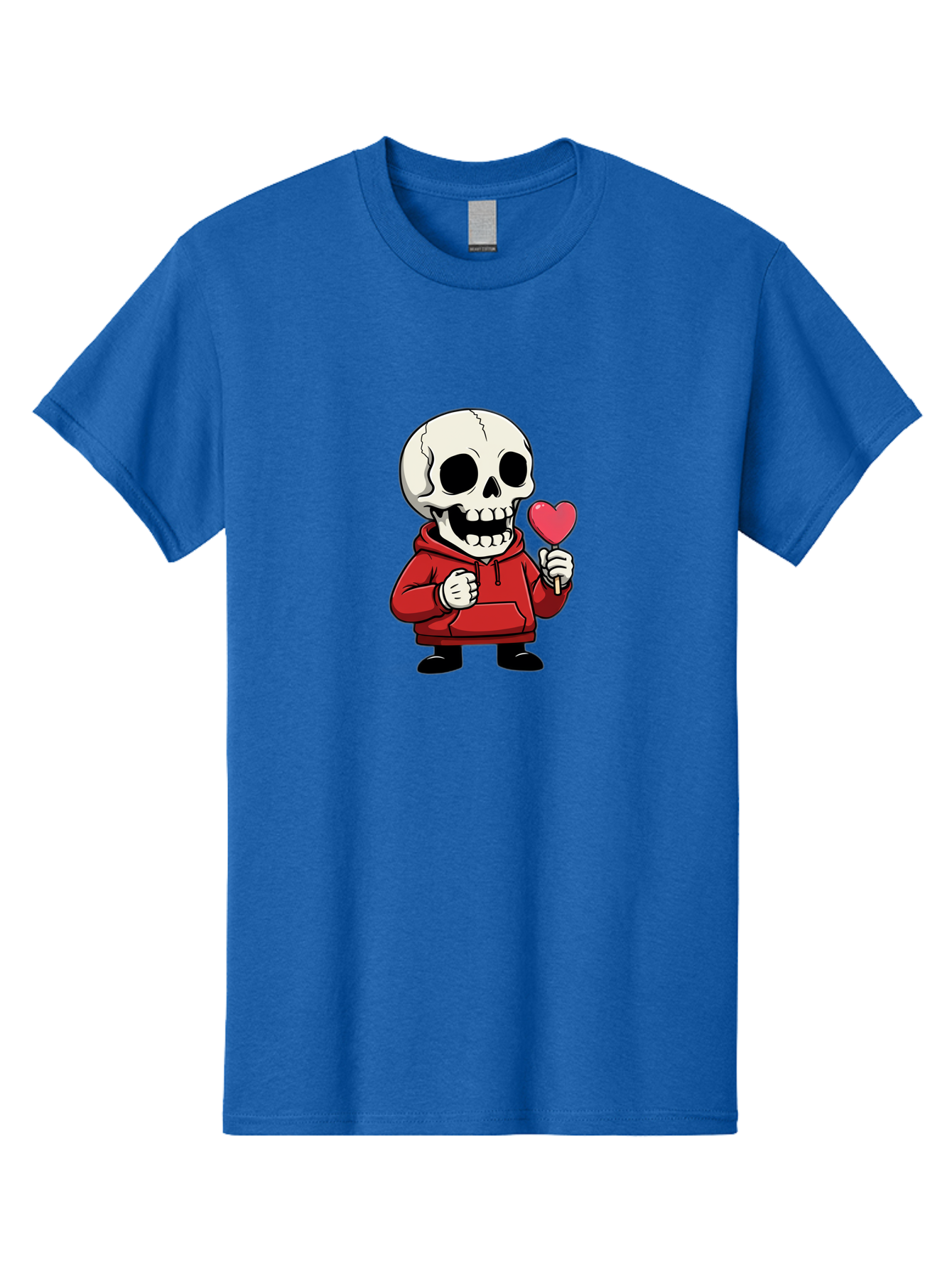Skull-With-Heart-Lollipop Men'S Graphic Tee, 100% Cotton, Comfortable Casual Summer Wear, Machine Washable, Cartoon Skull, Red Hoodie, Heart-Shaped Lollipop, Sweet Treats, Quirky Character, Friendly Skeleton, Candy On Stick, Cartoon Art, Bad610