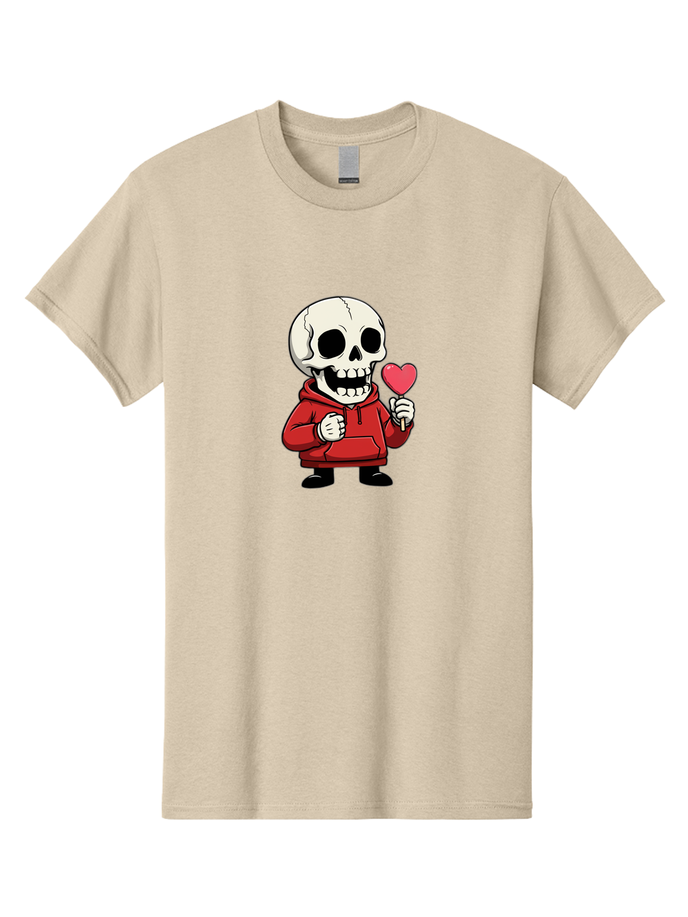 Skull-With-Heart-Lollipop Men'S Graphic Tee, 100% Cotton, Comfortable Casual Summer Wear, Machine Washable, Cartoon Skull, Red Hoodie, Heart-Shaped Lollipop, Sweet Treats, Quirky Character, Friendly Skeleton, Candy On Stick, Cartoon Art, Bad610