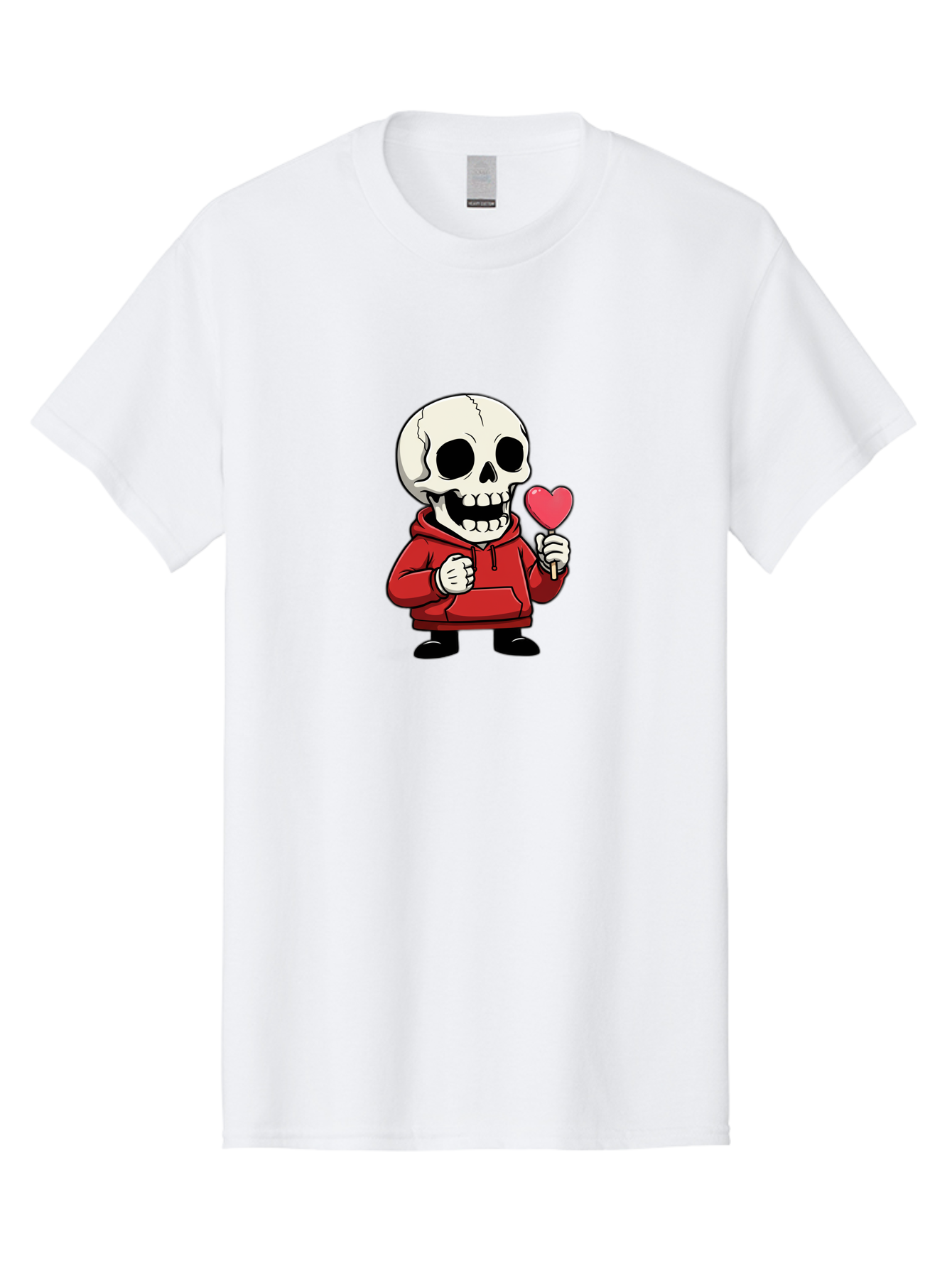Skull-With-Heart-Lollipop Men'S Graphic Tee, 100% Cotton, Comfortable Casual Summer Wear, Machine Washable, Cartoon Skull, Red Hoodie, Heart-Shaped Lollipop, Sweet Treats, Quirky Character, Friendly Skeleton, Candy On Stick, Cartoon Art, Bad610