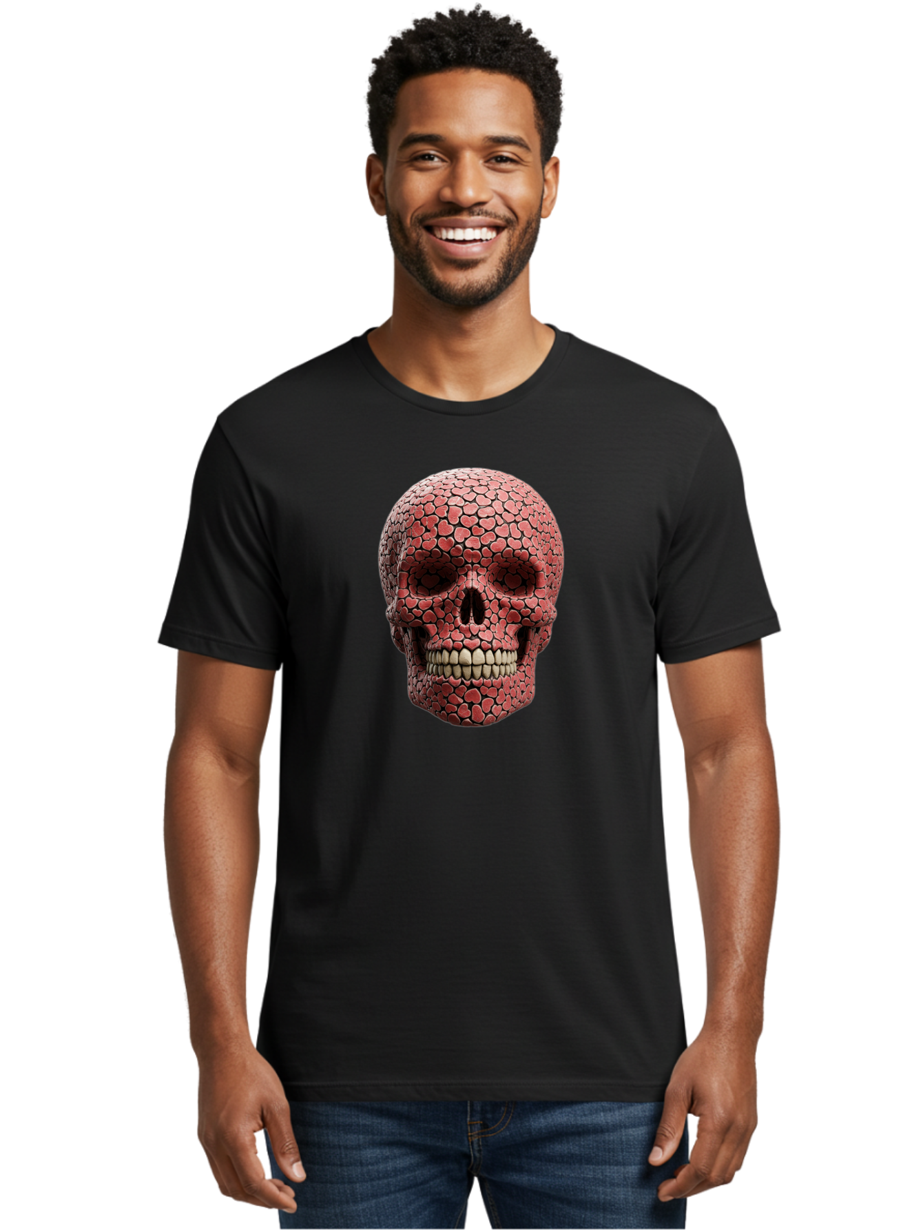 Skull-With-Hearts Men'S Graphic Tee, 100% Cotton, Comfortable Casual Summer Wear, Machine Washable, Skull Covered In Hearts, Red Hearts, Unique Design, Bold Art, Valentine'S Day Theme, Quirky Skull Art, 3D Illustration, Heart Pattern, Bad611