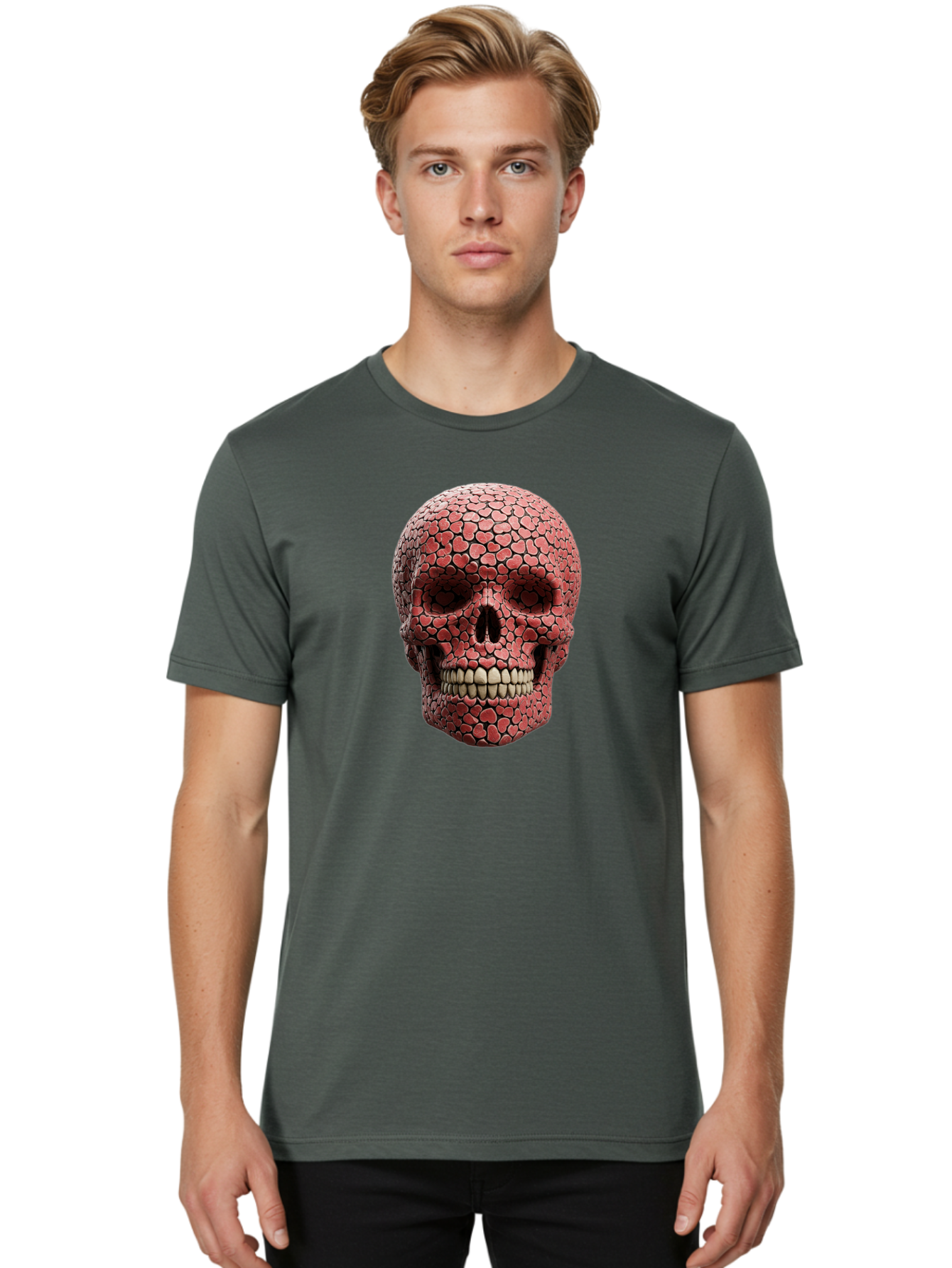 Skull-With-Hearts Men'S Graphic Tee, 100% Cotton, Comfortable Casual Summer Wear, Machine Washable, Skull Covered In Hearts, Red Hearts, Unique Design, Bold Art, Valentine'S Day Theme, Quirky Skull Art, 3D Illustration, Heart Pattern, Bad611