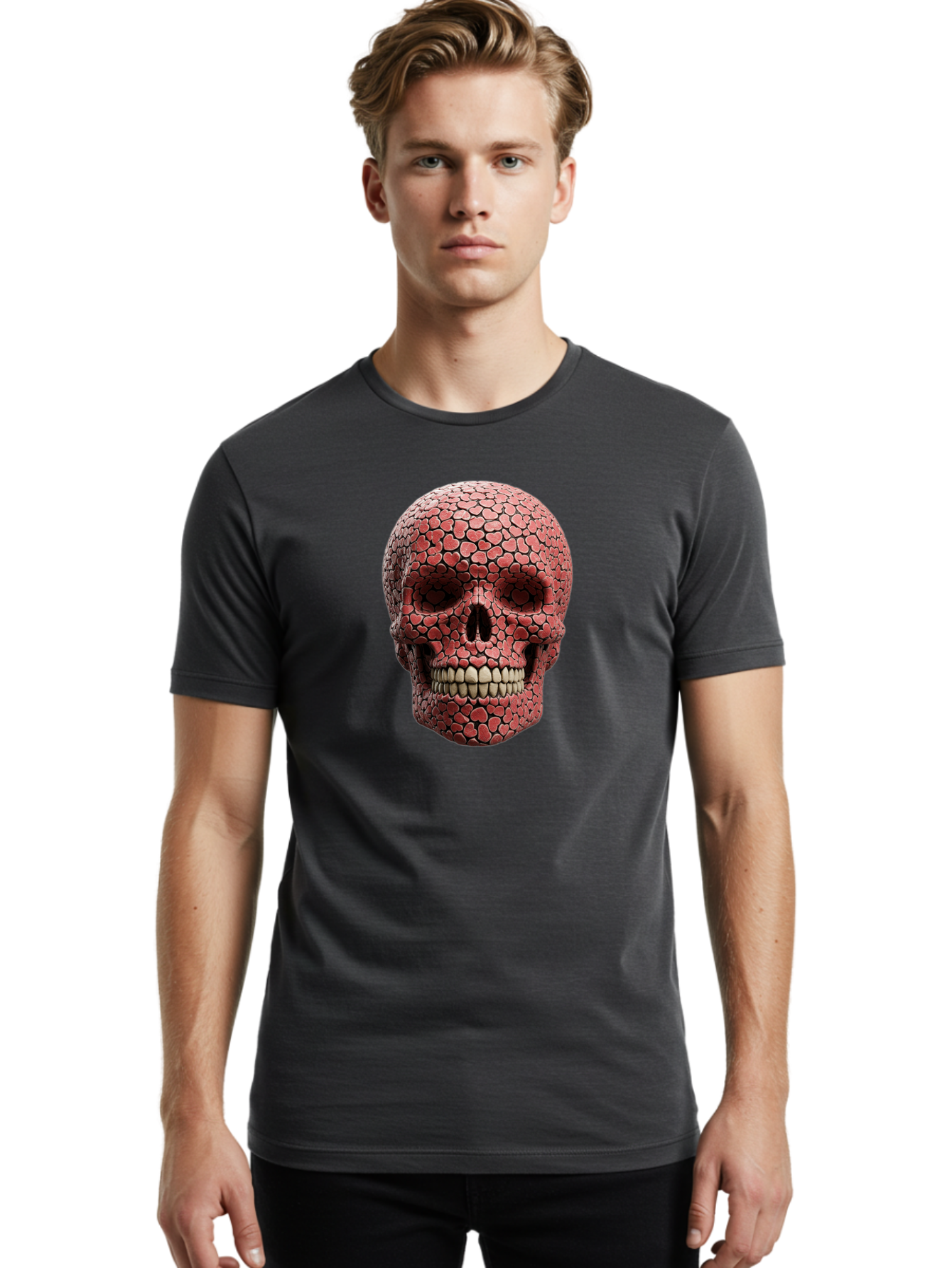 Skull-With-Hearts Men'S Graphic Tee, 100% Cotton, Comfortable Casual Summer Wear, Machine Washable, Skull Covered In Hearts, Red Hearts, Unique Design, Bold Art, Valentine'S Day Theme, Quirky Skull Art, 3D Illustration, Heart Pattern, Bad611