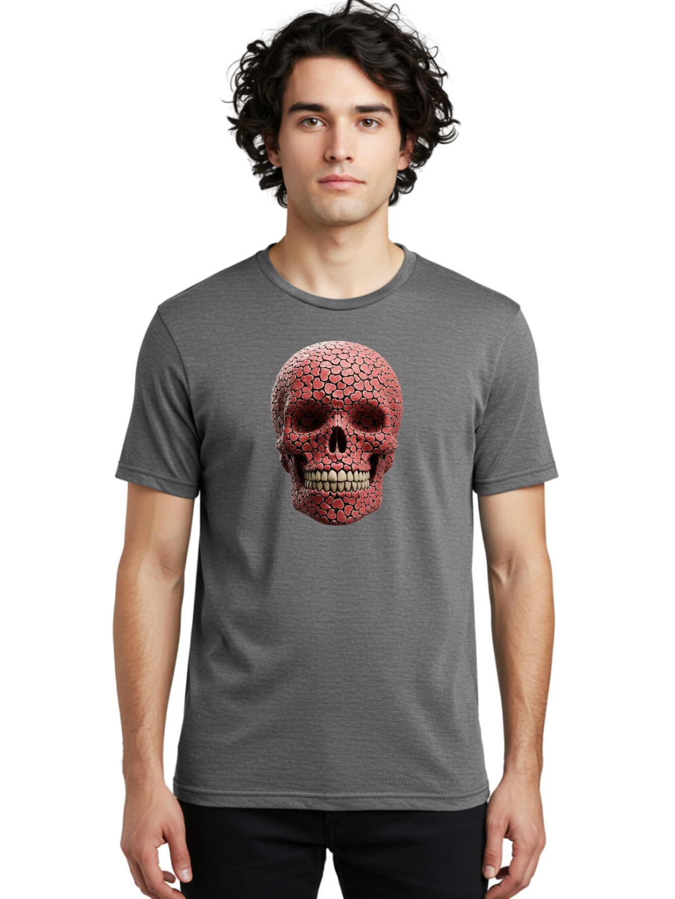Skull-With-Hearts Men'S Graphic Tee, 100% Cotton, Comfortable Casual Summer Wear, Machine Washable, Skull Covered In Hearts, Red Hearts, Unique Design, Bold Art, Valentine'S Day Theme, Quirky Skull Art, 3D Illustration, Heart Pattern, Bad611