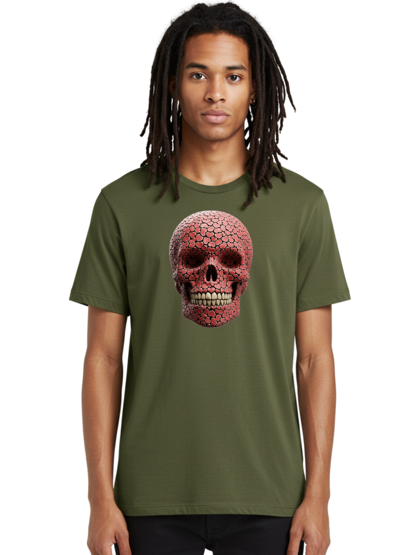 Skull-With-Hearts Men'S Graphic Tee, 100% Cotton, Comfortable Casual Summer Wear, Machine Washable, Skull Covered In Hearts, Red Hearts, Unique Design, Bold Art, Valentine'S Day Theme, Quirky Skull Art, 3D Illustration, Heart Pattern, Bad611