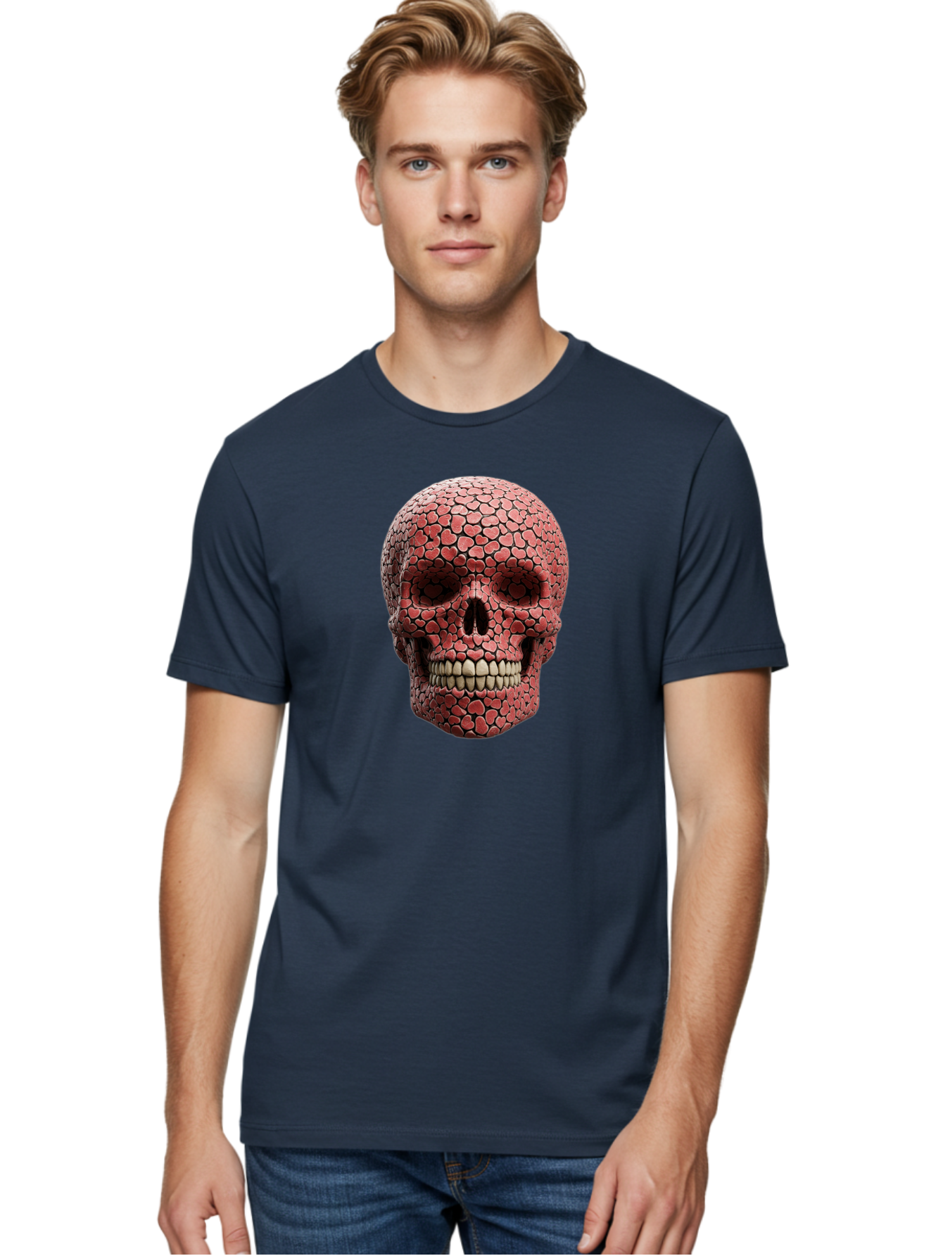 Skull-With-Hearts Men'S Graphic Tee, 100% Cotton, Comfortable Casual Summer Wear, Machine Washable, Skull Covered In Hearts, Red Hearts, Unique Design, Bold Art, Valentine'S Day Theme, Quirky Skull Art, 3D Illustration, Heart Pattern, Bad611