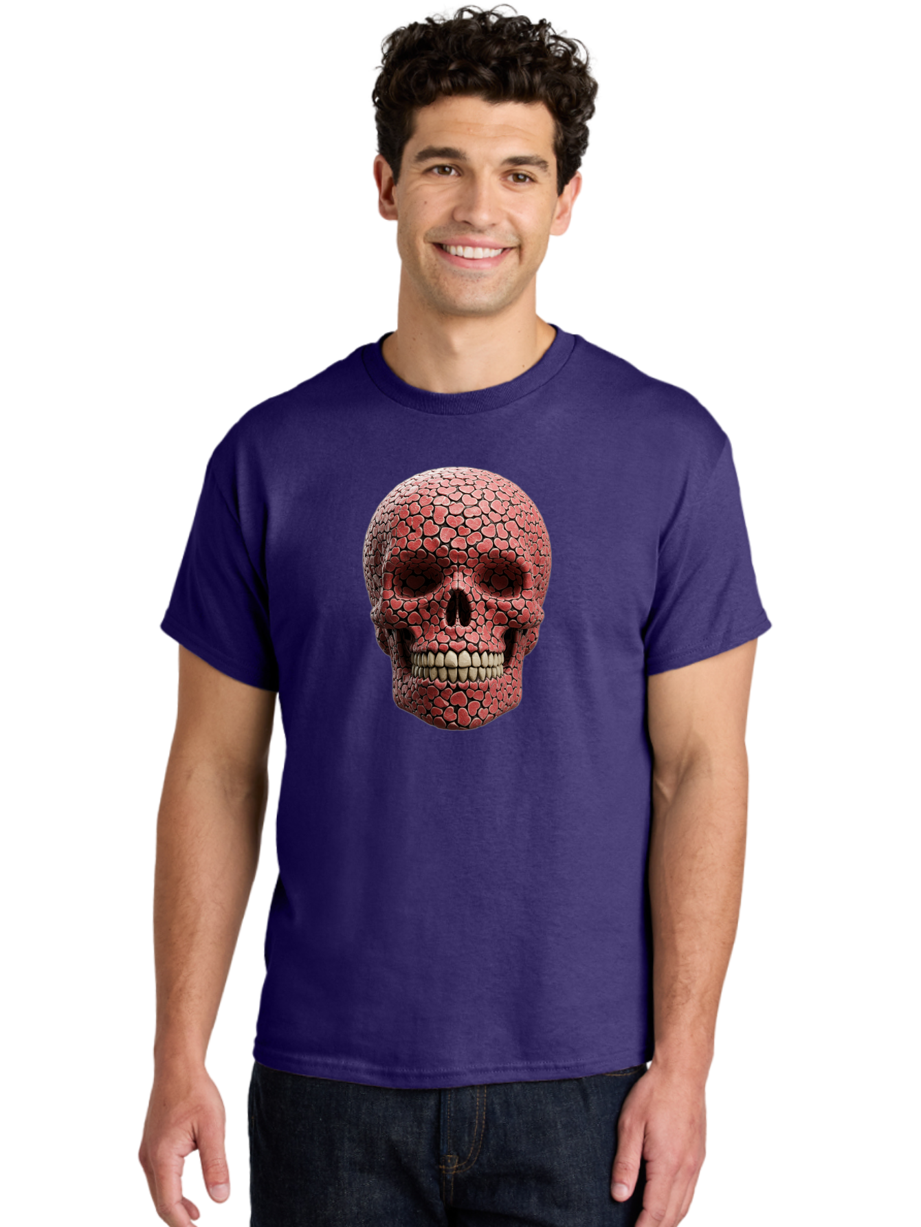 Skull-With-Hearts Men'S Graphic Tee, 100% Cotton, Comfortable Casual Summer Wear, Machine Washable, Skull Covered In Hearts, Red Hearts, Unique Design, Bold Art, Valentine'S Day Theme, Quirky Skull Art, 3D Illustration, Heart Pattern, Bad611