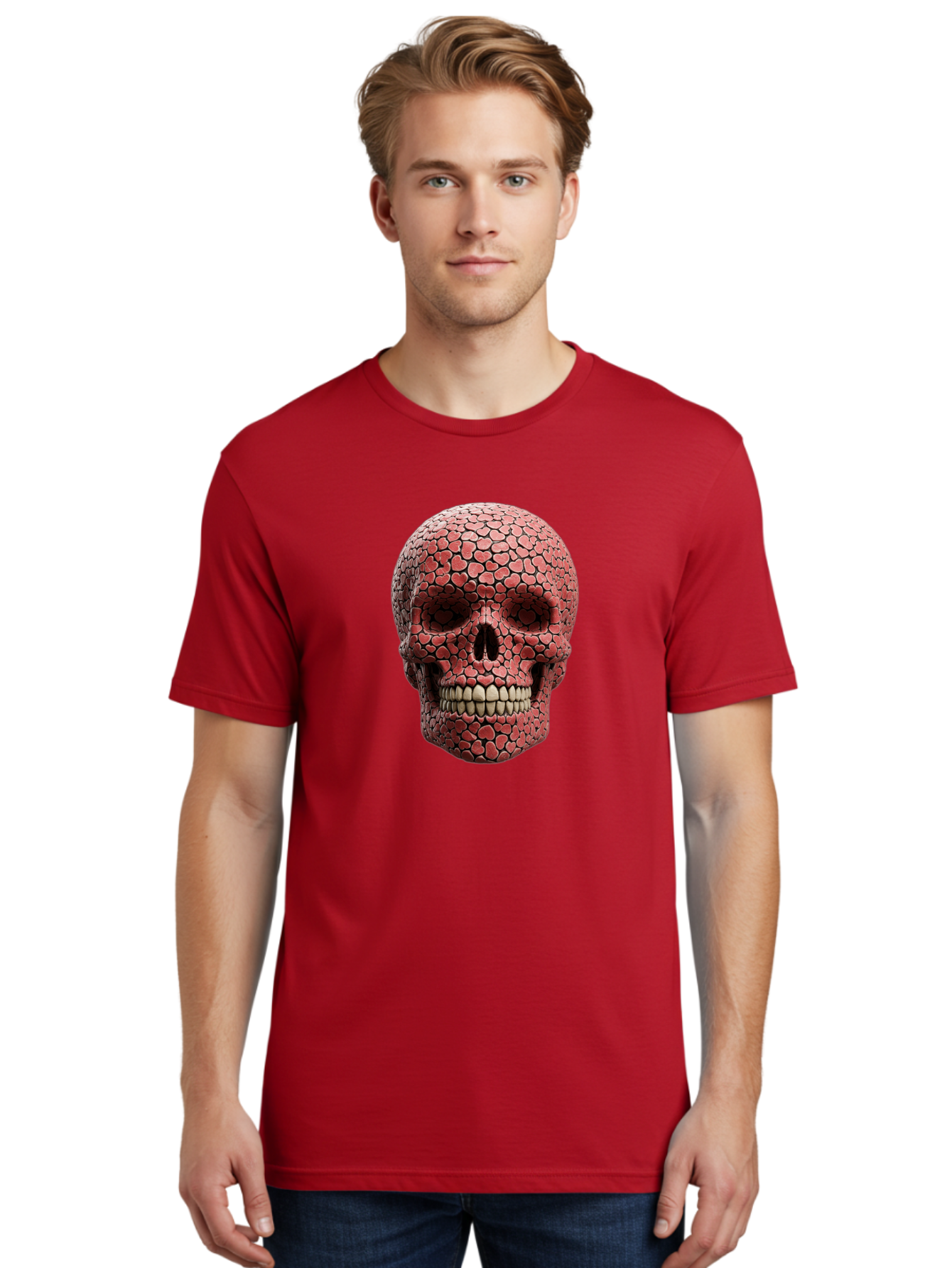 Skull-With-Hearts Men'S Graphic Tee, 100% Cotton, Comfortable Casual Summer Wear, Machine Washable, Skull Covered In Hearts, Red Hearts, Unique Design, Bold Art, Valentine'S Day Theme, Quirky Skull Art, 3D Illustration, Heart Pattern, Bad611