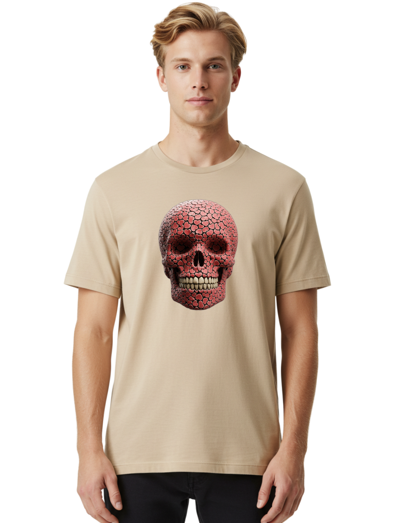 Skull-With-Hearts Men'S Graphic Tee, 100% Cotton, Comfortable Casual Summer Wear, Machine Washable, Skull Covered In Hearts, Red Hearts, Unique Design, Bold Art, Valentine'S Day Theme, Quirky Skull Art, 3D Illustration, Heart Pattern, Bad611