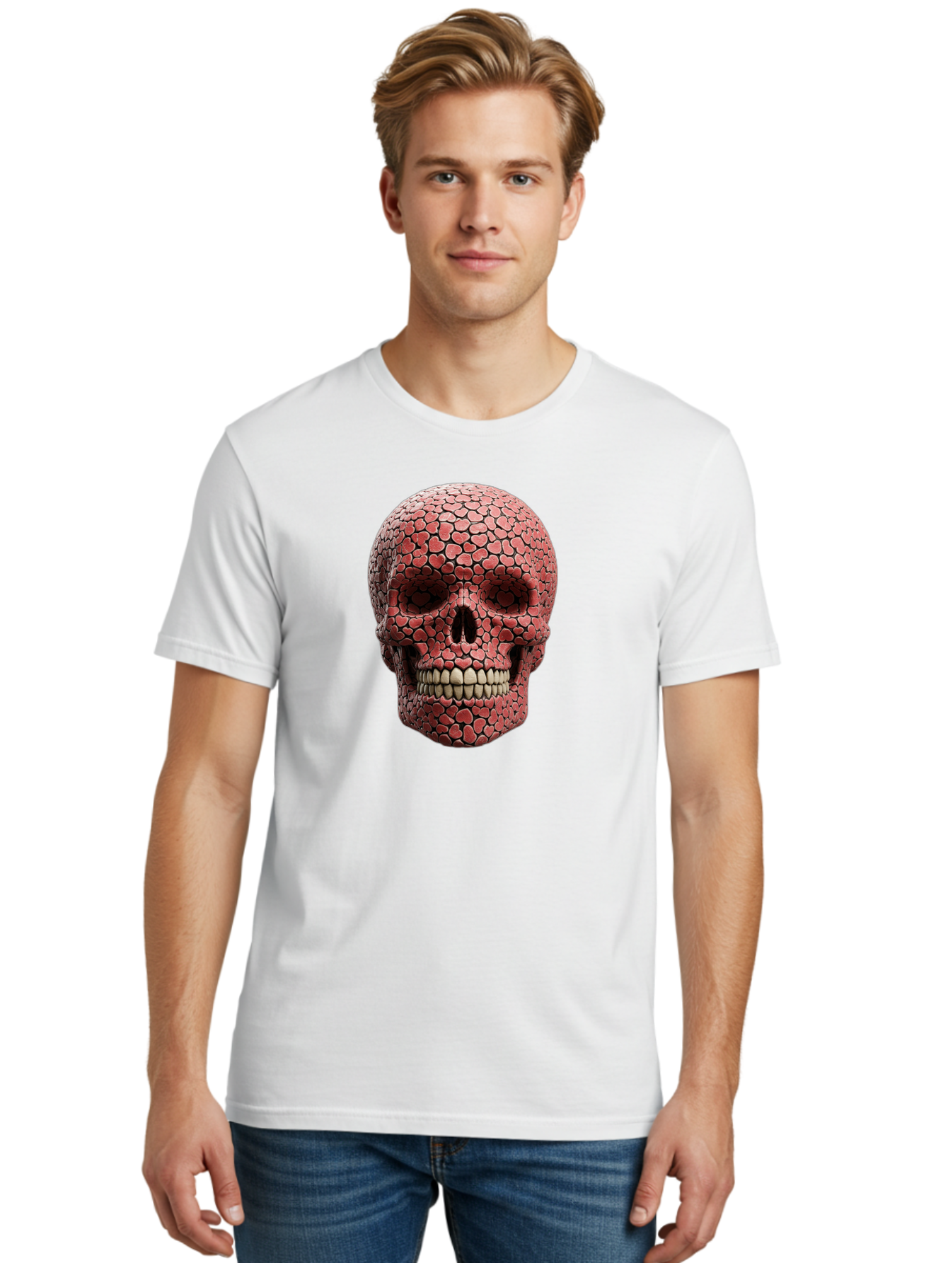 Skull-With-Hearts Men'S Graphic Tee, 100% Cotton, Comfortable Casual Summer Wear, Machine Washable, Skull Covered In Hearts, Red Hearts, Unique Design, Bold Art, Valentine'S Day Theme, Quirky Skull Art, 3D Illustration, Heart Pattern, Bad611