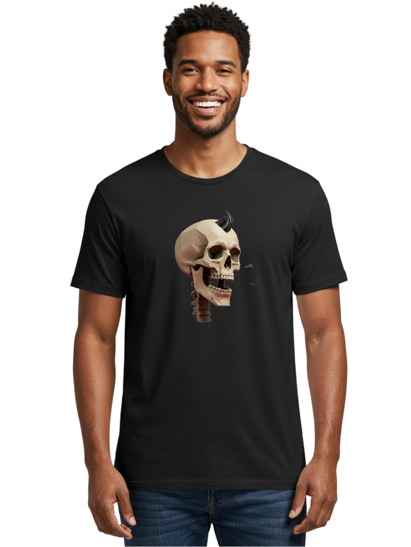 Skull-With-Mohawk Men'S Graphic Tee, 100% Cotton, Comfortable Casual Summer Wear, Machine Washable, Low Poly Skull, Geometric Shape, Punk Rock Style, Rock On, Low Poly Art, Gothic Skull, Punk Aesthetic, 3D Model, Skull Design Bad612