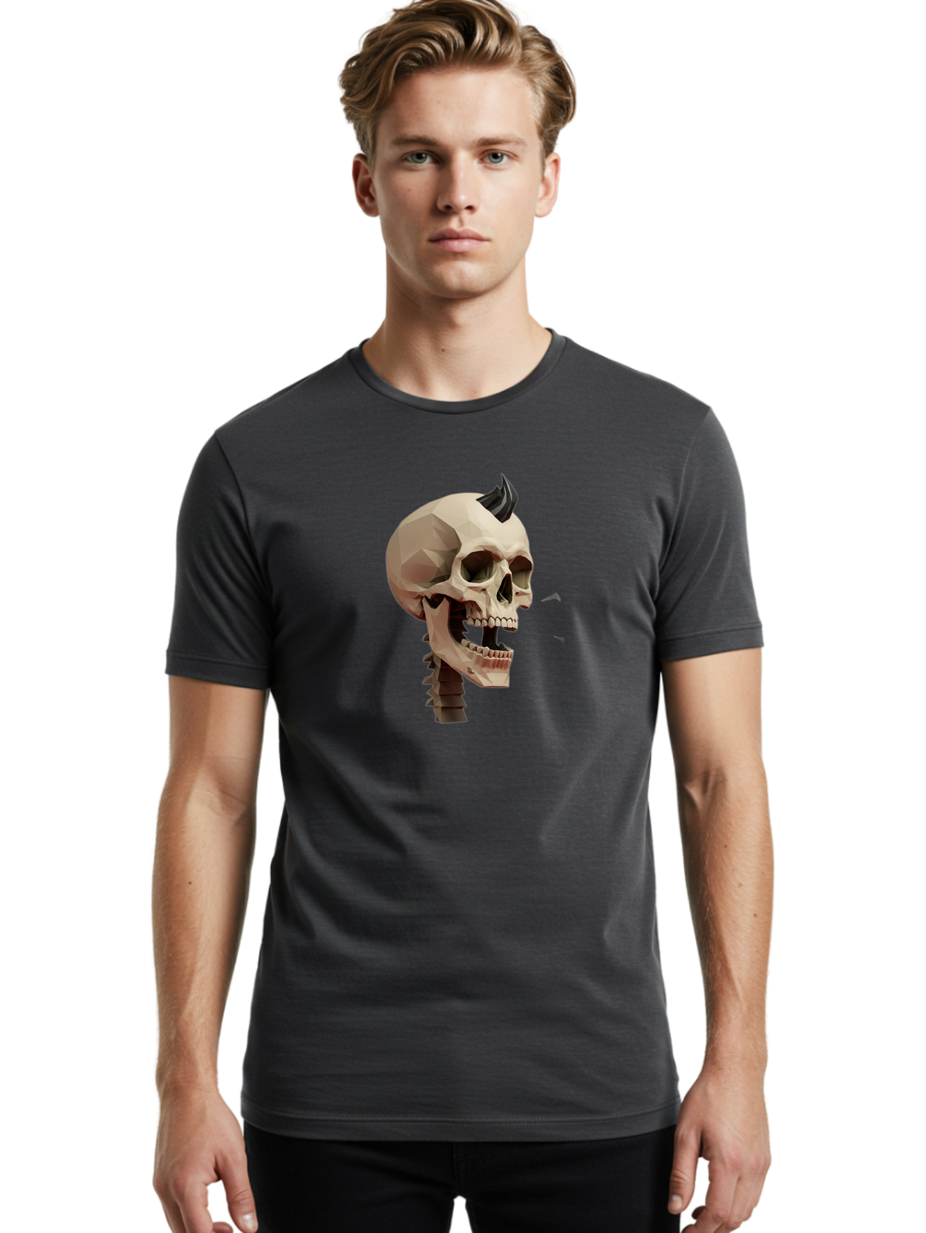 Skull-With-Mohawk Men'S Graphic Tee, 100% Cotton, Comfortable Casual Summer Wear, Machine Washable, Low Poly Skull, Geometric Shape, Punk Rock Style, Rock On, Low Poly Art, Gothic Skull, Punk Aesthetic, 3D Model, Skull Design Bad612