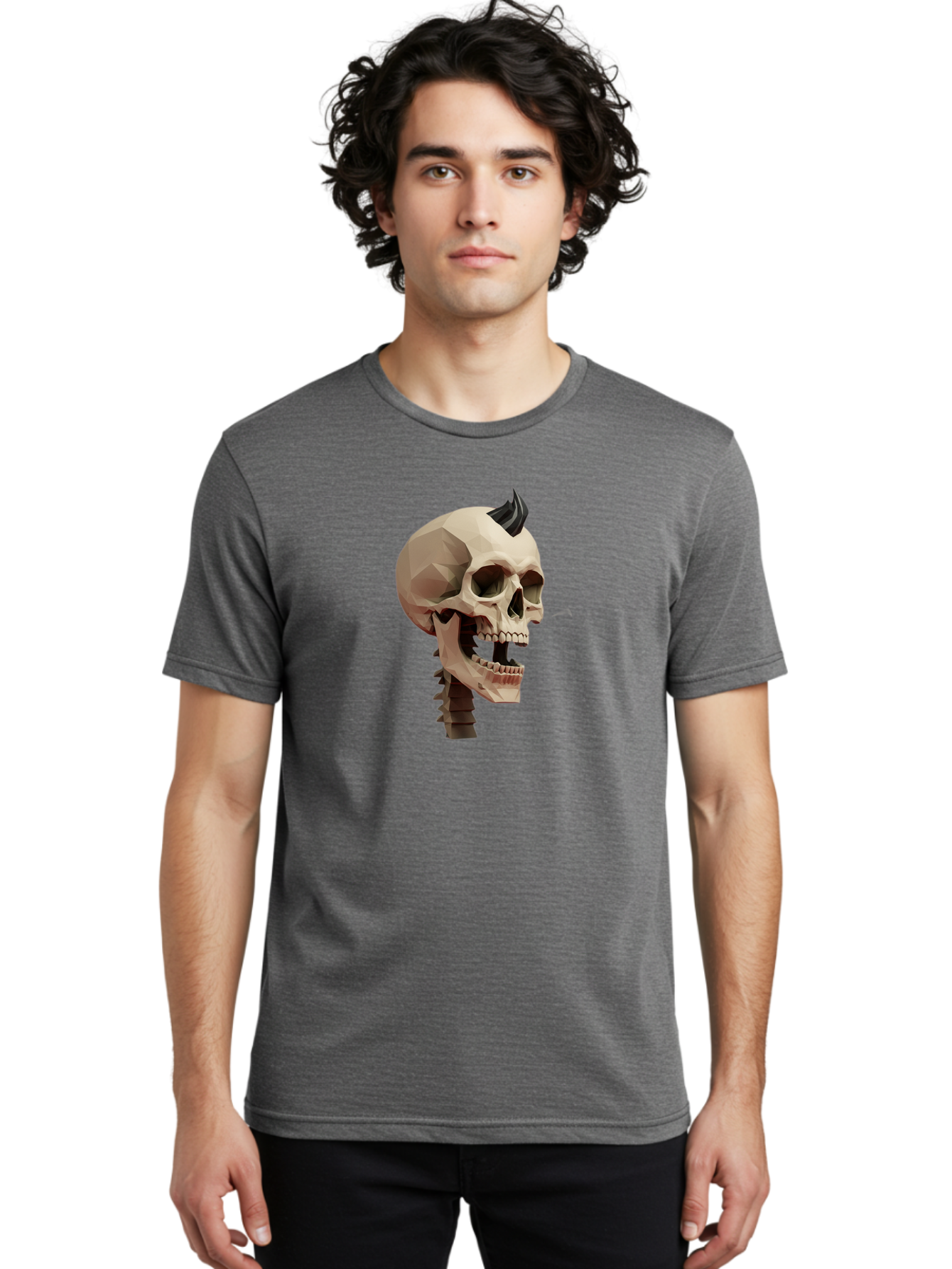 Skull-With-Mohawk Men'S Graphic Tee, 100% Cotton, Comfortable Casual Summer Wear, Machine Washable, Low Poly Skull, Geometric Shape, Punk Rock Style, Rock On, Low Poly Art, Gothic Skull, Punk Aesthetic, 3D Model, Skull Design Bad612