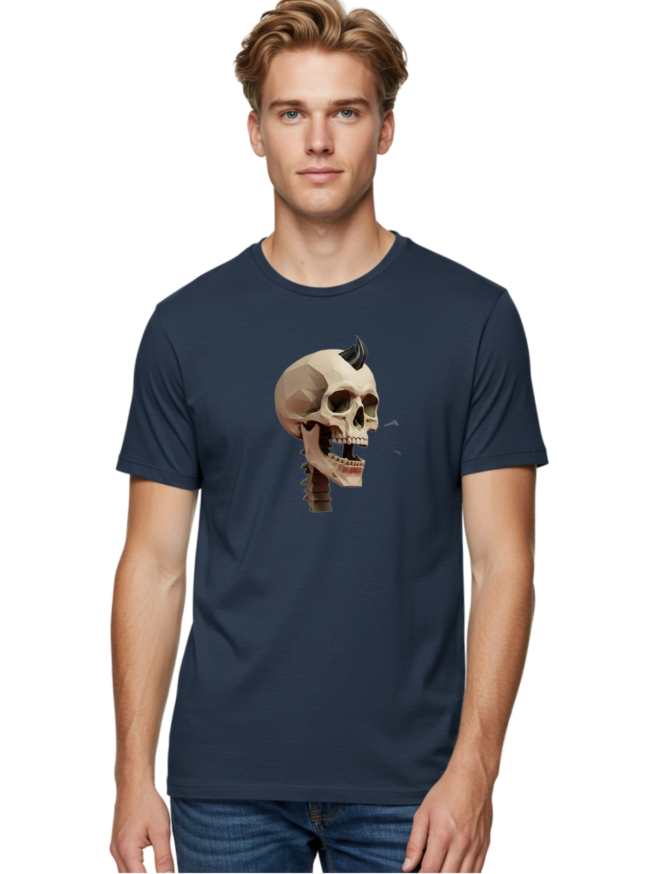 Skull-With-Mohawk Men'S Graphic Tee, 100% Cotton, Comfortable Casual Summer Wear, Machine Washable, Low Poly Skull, Geometric Shape, Punk Rock Style, Rock On, Low Poly Art, Gothic Skull, Punk Aesthetic, 3D Model, Skull Design Bad612