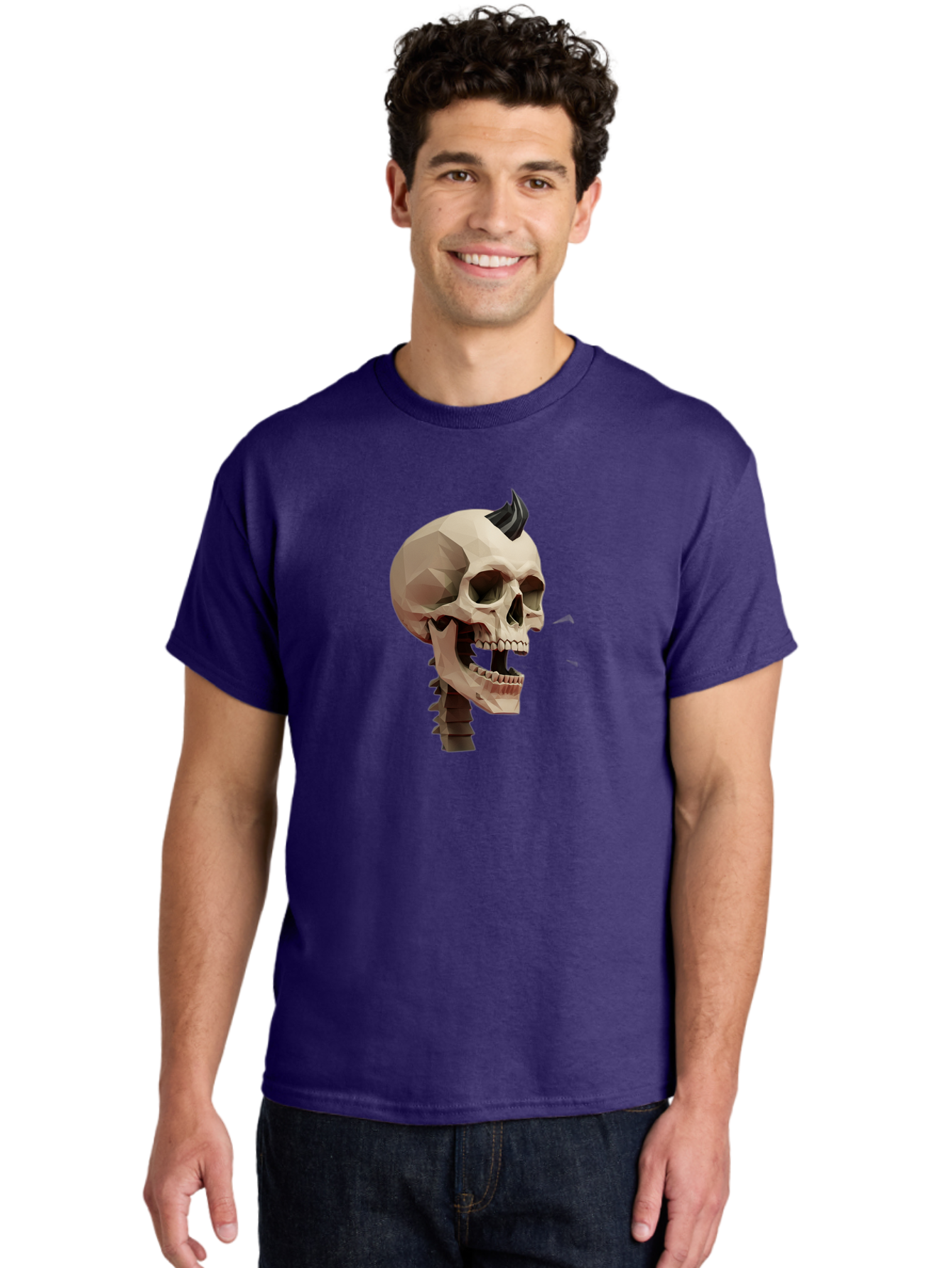 Skull-With-Mohawk Men'S Graphic Tee, 100% Cotton, Comfortable Casual Summer Wear, Machine Washable, Low Poly Skull, Geometric Shape, Punk Rock Style, Rock On, Low Poly Art, Gothic Skull, Punk Aesthetic, 3D Model, Skull Design Bad612