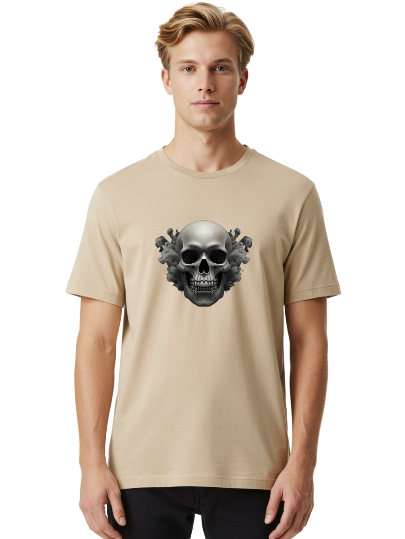 Skull-With-Mushrooms Men'S Graphic Tee, 100% Cotton, Comfortable Casual Summer Wear, Machine Washable, Skull Illustration, Gray Skull, Mushroom Cloud, Fungi Art, Gothic Design, Dark Art, Spooky Graphics, Mysterious Imagery, Eerie Atmosphere, Bad613