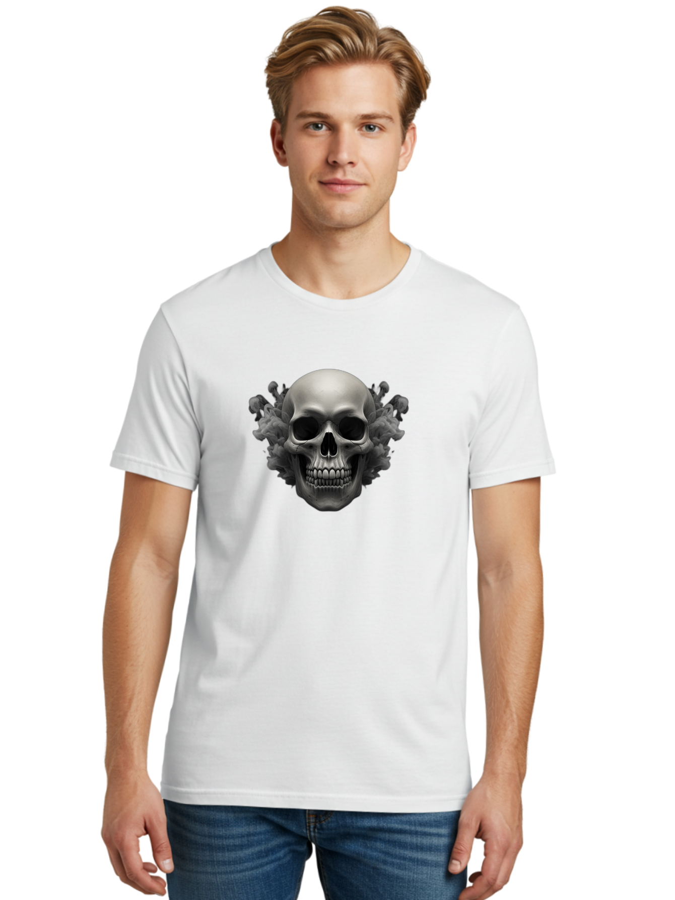 Skull-With-Mushrooms Men'S Graphic Tee, 100% Cotton, Comfortable Casual Summer Wear, Machine Washable, Skull Illustration, Gray Skull, Mushroom Cloud, Fungi Art, Gothic Design, Dark Art, Spooky Graphics, Mysterious Imagery, Eerie Atmosphere, Bad613