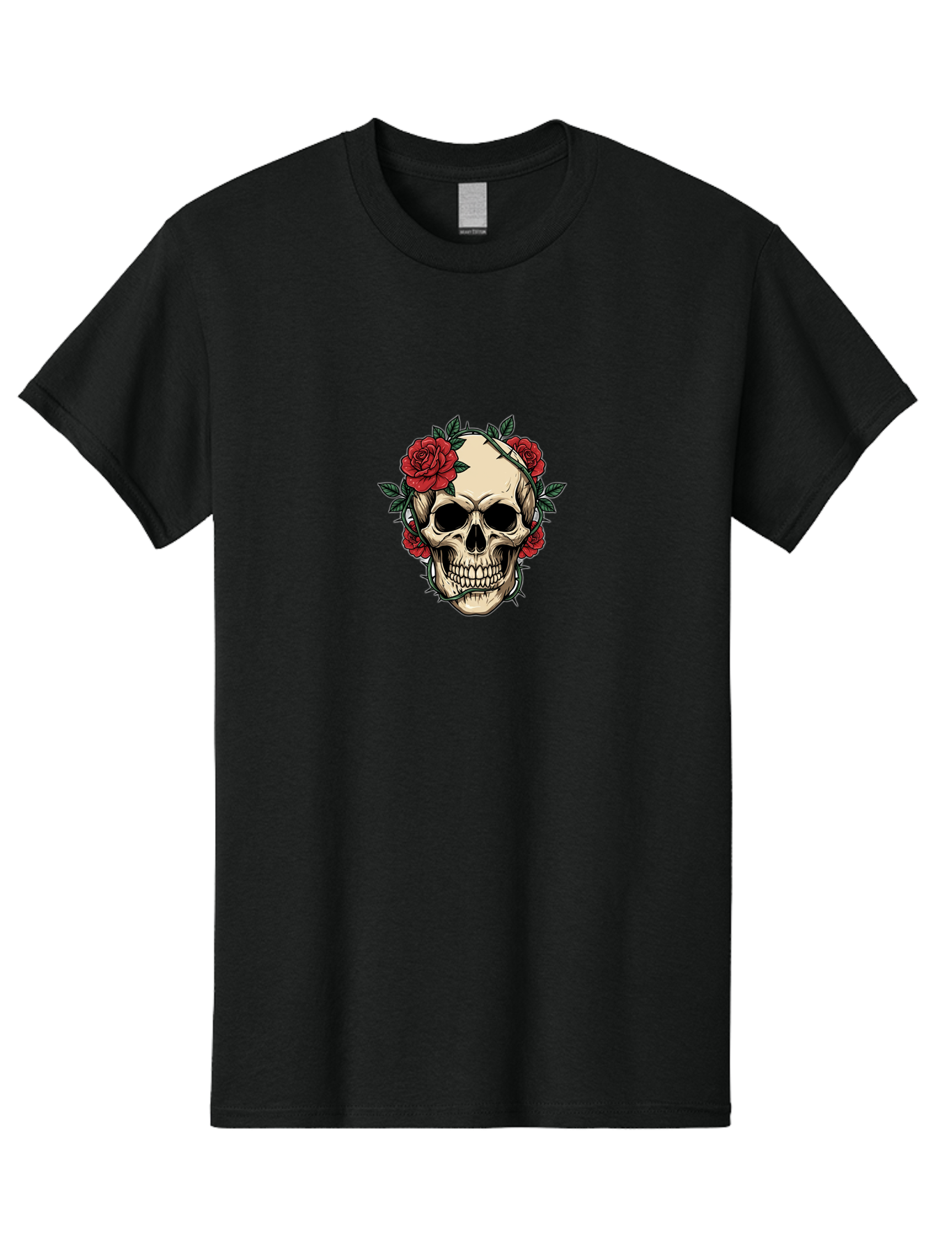 Skull-With-Roses-1 Men'S Graphic Tee, 100% Cotton, Comfortable Casual Summer Wear, Machine Washable, Skull With Flowers, Rose Wreath, Gothic Style, Human Skull, Floral Decoration, Tattoo Art, Dark Aesthetics, Symbolism, Mysterious Vibes, Bad614