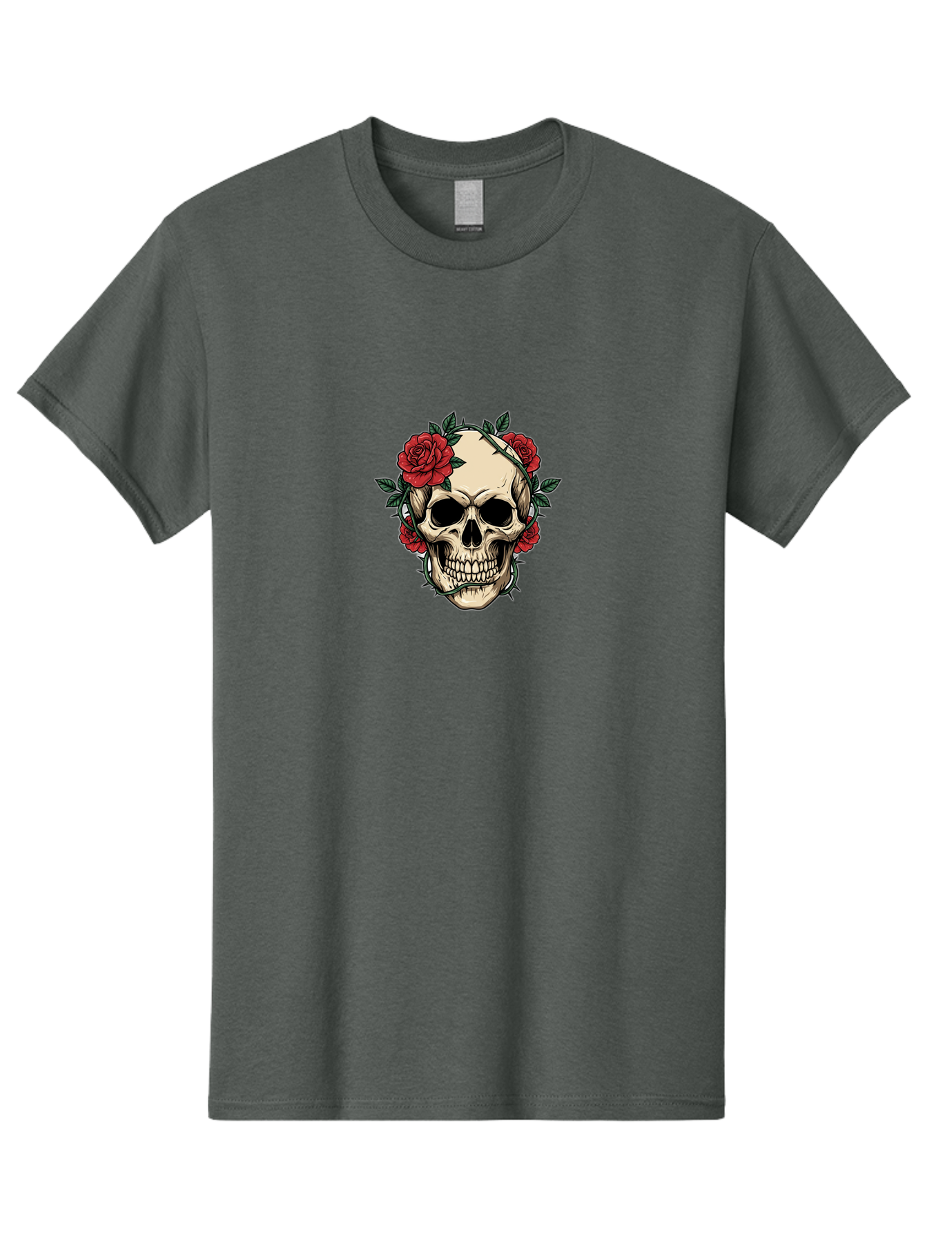 Skull-With-Roses-1 Men'S Graphic Tee, 100% Cotton, Comfortable Casual Summer Wear, Machine Washable, Skull With Flowers, Rose Wreath, Gothic Style, Human Skull, Floral Decoration, Tattoo Art, Dark Aesthetics, Symbolism, Mysterious Vibes, Bad614