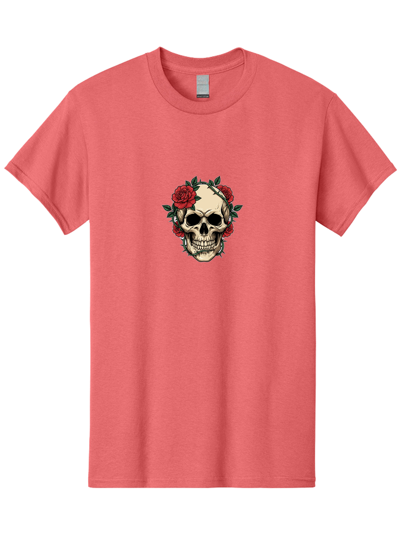 Skull-With-Roses-1 Men'S Graphic Tee, 100% Cotton, Comfortable Casual Summer Wear, Machine Washable, Skull With Flowers, Rose Wreath, Gothic Style, Human Skull, Floral Decoration, Tattoo Art, Dark Aesthetics, Symbolism, Mysterious Vibes, Bad614