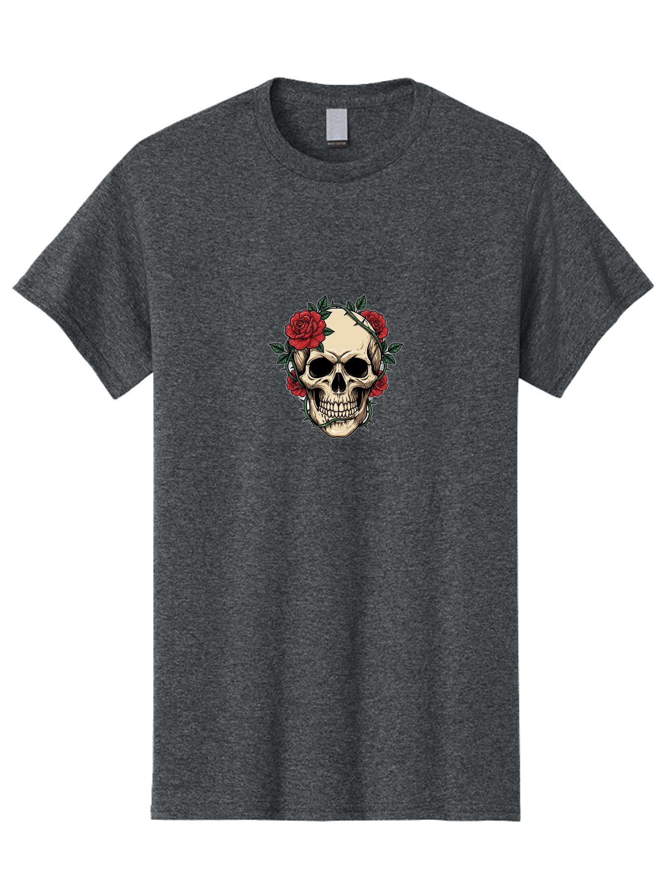 Skull-With-Roses-1 Men'S Graphic Tee, 100% Cotton, Comfortable Casual Summer Wear, Machine Washable, Skull With Flowers, Rose Wreath, Gothic Style, Human Skull, Floral Decoration, Tattoo Art, Dark Aesthetics, Symbolism, Mysterious Vibes, Bad614